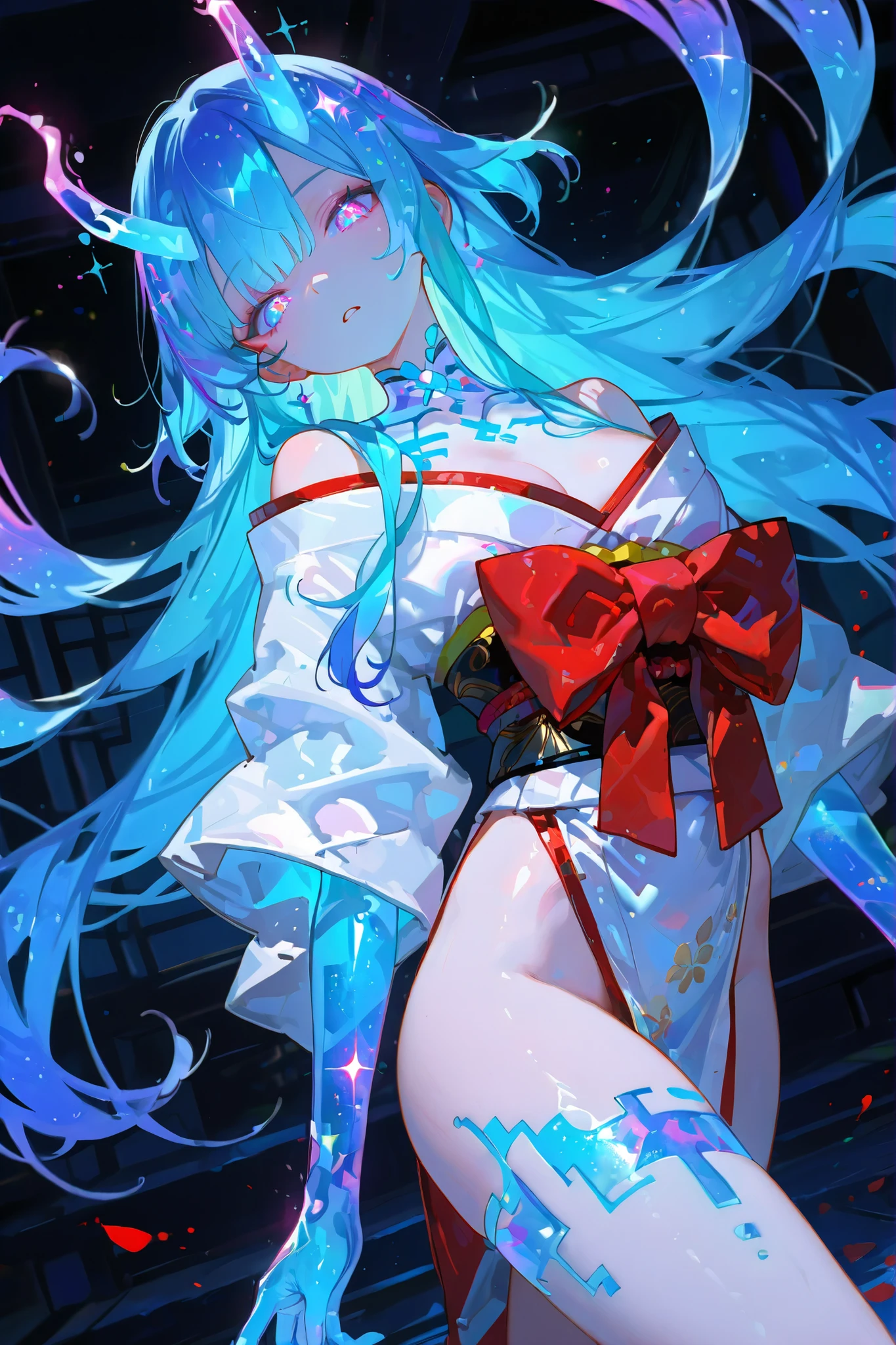 
masterpiece, best quality, good quality, very aesthetic, absurdres, newest, 8K, depth of field, focused subject,
dynamic angle, dutch angle, wabi sabi, looking at viewer, woman is a geisha, parted lips,
holographic skin, holofoil glitter, faint, glowing, ethereal, neon hair, long hair, glowing hair, flowing hair, otherworldly glow, she is dangerous, 


 