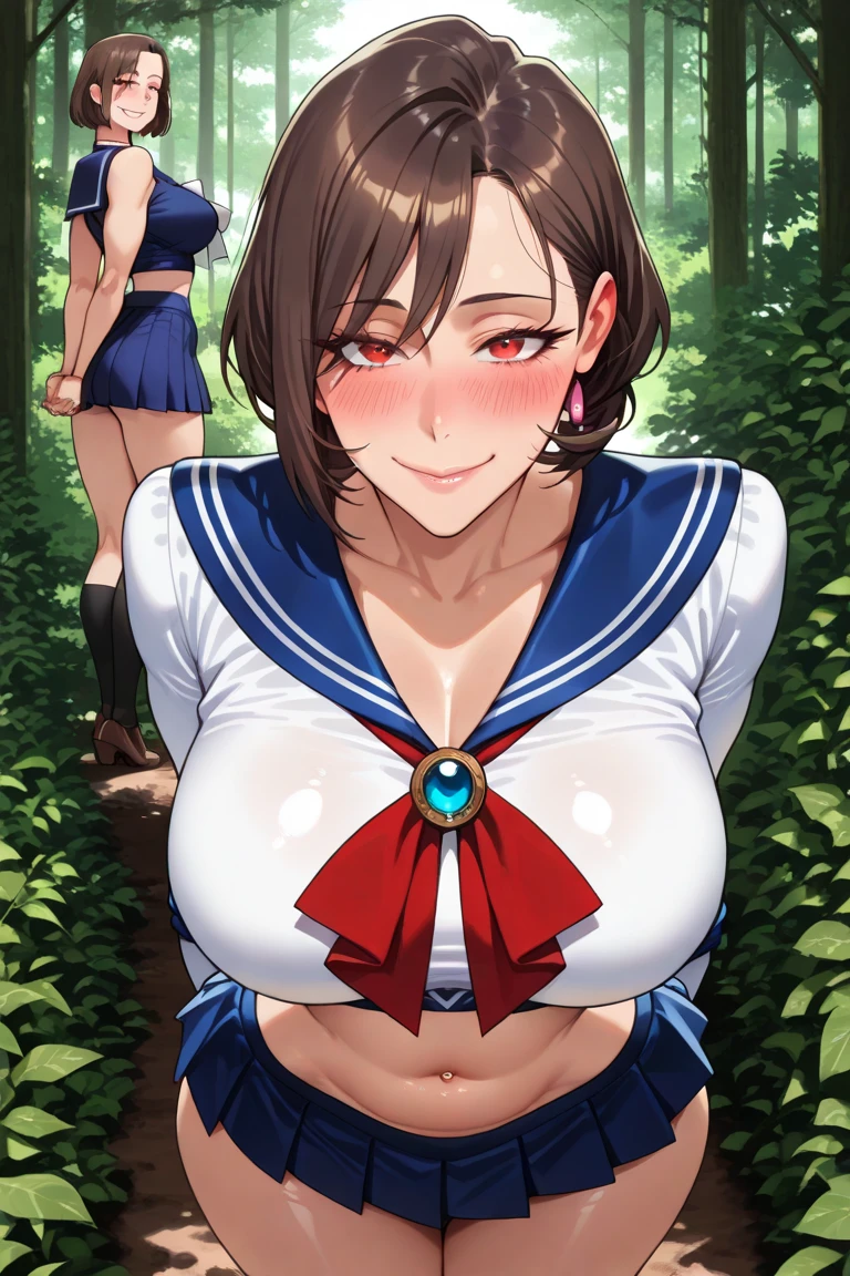 (masterpiece, best quality:1.2), solo, 1girl, pokemonjuliana, smile, looking at viewer, hand on hip, single braid, hat, nudity, topless, pussy, orange necktie, short sleeves, upper body, topless