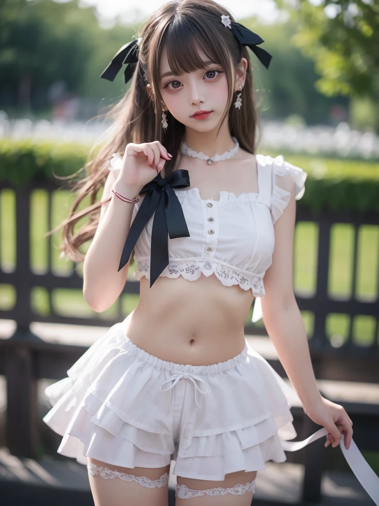 ((top-quality))、 ((masuter piece))、超A high resolution、Raw photo、intricate-detail、proffesional、foco nítido、Photorealsitic、Real life、surrealistic、photorealisim、Silhouette Light、finely detail、Highly detailed CG Unity 8K wallpapers、erfect artwork、Depth of field is deep、No perspective、细致背景、shinny hair、radiant eyes、shinny skin、realisitic、Looking at the camera、Very delicate and cute、Cute detailed girl、pure、cute large eyes、Facial Lights、Cinematic lighting、Transparent material、realistic representation of face、（intricate detailes)、no-makeup、（delicated face、Delicate eyes and face）Detailed skin、Best ratio of four fingers and one thumb、(flat-chest: 1.4)、short torso、Transcendental thin legs、Transcendent small butt、((独奏))、light、Very young face、Innocence、Facial Highlights、Professional Writing、女の子1人、White lightweight tank top with thin fabric、White Sheer Light Shorts、Back lighting、((Stand facing the front))、Hands on the hips in the style of models、florals、((non-blur))、Skinny style、((Knee shot))、((12year old))、(Beautiful pitch black shiny one-tail medium hair:1.4)、(Super beautiful girl with cute loli face:1.6)、Short stature、Beautiful shiny black hair、((Super petite and super slender girl))、((A true transcendent beautiful girl with ultra-young Japan))、Plump round face、Small face and small nose、Healthy face、Soft lips、pale cherry colored lips、(rather thin eyebrows: 1.4)、shiny large black eyes、big eye、(The corners of the mouth rise:1.4)、Clothes are see-through、Protrusions、erect through、(Shy smile:1.8)、less clothing、no sleeves、Eyes for hollow details、Floating hair、large eyes that are symmetrical、hair clips、No face makeup、