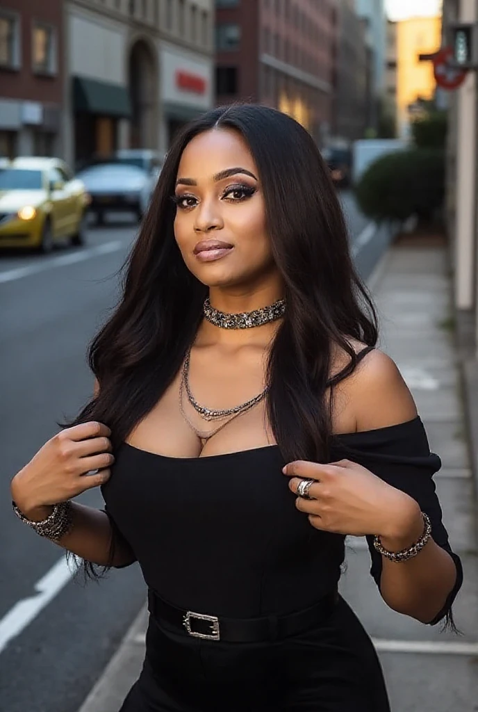 RAW photo, ((full body )) of ingrid Belásquez, venezuelan, a beautiful woman, 18 yo, brunette, wears a(( a purple dinner gown)),cleavage, (busty) , tanned skin, wonderful straight long Red longhair, round face, exotic light green eyes, fleshy mouth, thick lips, inocent face, eye contact, backing the camera, flirting at camera, dslr, high quality, film grain, hasselblad, helios 48mm f2, (((8k, best quality, masterpiece:1.2))), DETAILED SKIN
SKIN BLEMISH, (realistic, photo-realistic:1.37), Ultra-detailed, a close up of a Melaninated Caramel skin ebony woman with ((LARG HIPS))Standing in a trainstation(()),Smiling and laughing with other people (((Looks like a mix of Dope celebrity females , Stacy Dash, Aalyah, Maya, Shakira, Ashcash, Danielle Bregoli Bhad Bhabie Hairstyle, Female Rapper Latto, Rubi Rose, RENNI RUCCI cardi b,nicky minaji))) please no tattoos.
