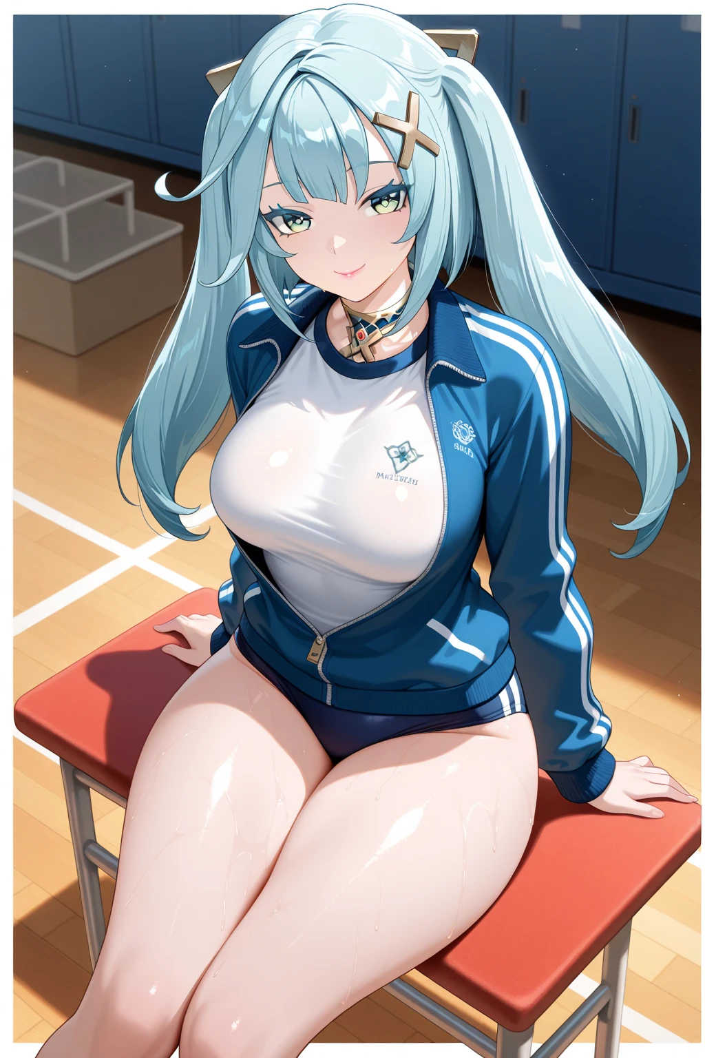 score_9, score_8_up, score_7_up, source_anime BREAK pinup of 1girl, anime illustration, anime style, sitting on desk, (one's legs spread:1.3), 1lady, solo, (sexy lady1.3), large breast, light blue hair, red eyes, Various lengths of hair style, parted bangs, school swimsuit, shoes, smirk, grin, (blush), (my room background:1.2)