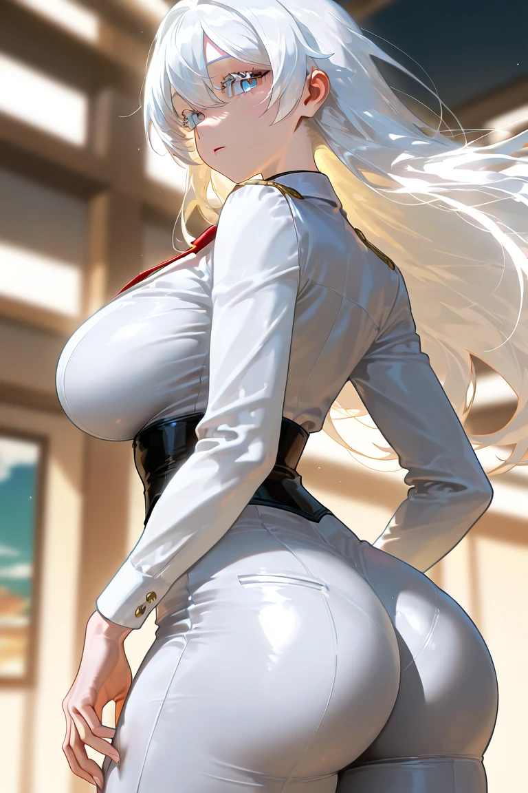sensual, long blonde hair, thick thighs, 8K, 4K, highest quality, High resolution:1.2), cute anime face, noise reduction, shining blue eyes, gentle smile, Gentle eyes、wearing a headband, White bodysuit、toned abdominal muscles, muscular arms, muscular legs, (((exposed nipples))). , young face, anime chic eyes,  Lock,,O-ring,elbow bag,collar,cuffs ,thigh strap,thigh boots, Harness、全身Harness、garter belt、(((Rear view、emphasize the buttocks、T-back that digs into your butt)))、(((big breasts、Breasts that are about to burst)))