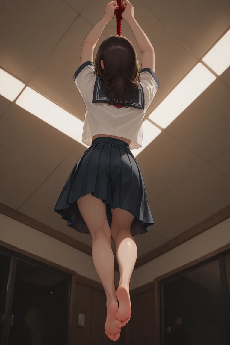 (((((Dildo on the floor:1.5, standing, spread legs:1.5, Point your knees outwards:1.5 ) behind head,spread legs, Push your hips forward,pussy juice , Voluptuous body, Slut、No pants, (Dildo on the floor, standing, spread,arms behind head, Point your knees outwards:1.5, Sweat,)))), Realistic composition, Doujinshi scene,, Big Thighs, Pleated skirt, White Shirt, Angry face, blush, from below
