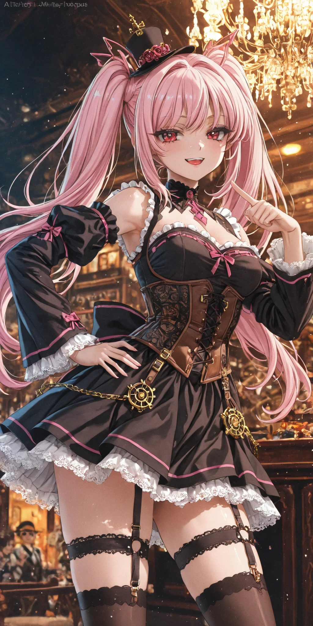 masterpiece,best quality,1girl,suzette_anothereden,purple hair,twin drills,very long hair,purple eyes,hair ornament,hair flower,(mini hat),normal_style_outfit,purple dress|black dress,frilled dress,bare shoulders,detached sleeves,purple thighhighs,garter straps,rose,smile,sitting,dutch angle,indoors,((science fiction,laboratory,control panels)),<lora:Concept-control tool-add_detail-CyberAIchemist:0.6>,<lora:SuzetteLoraModel:0.7>,