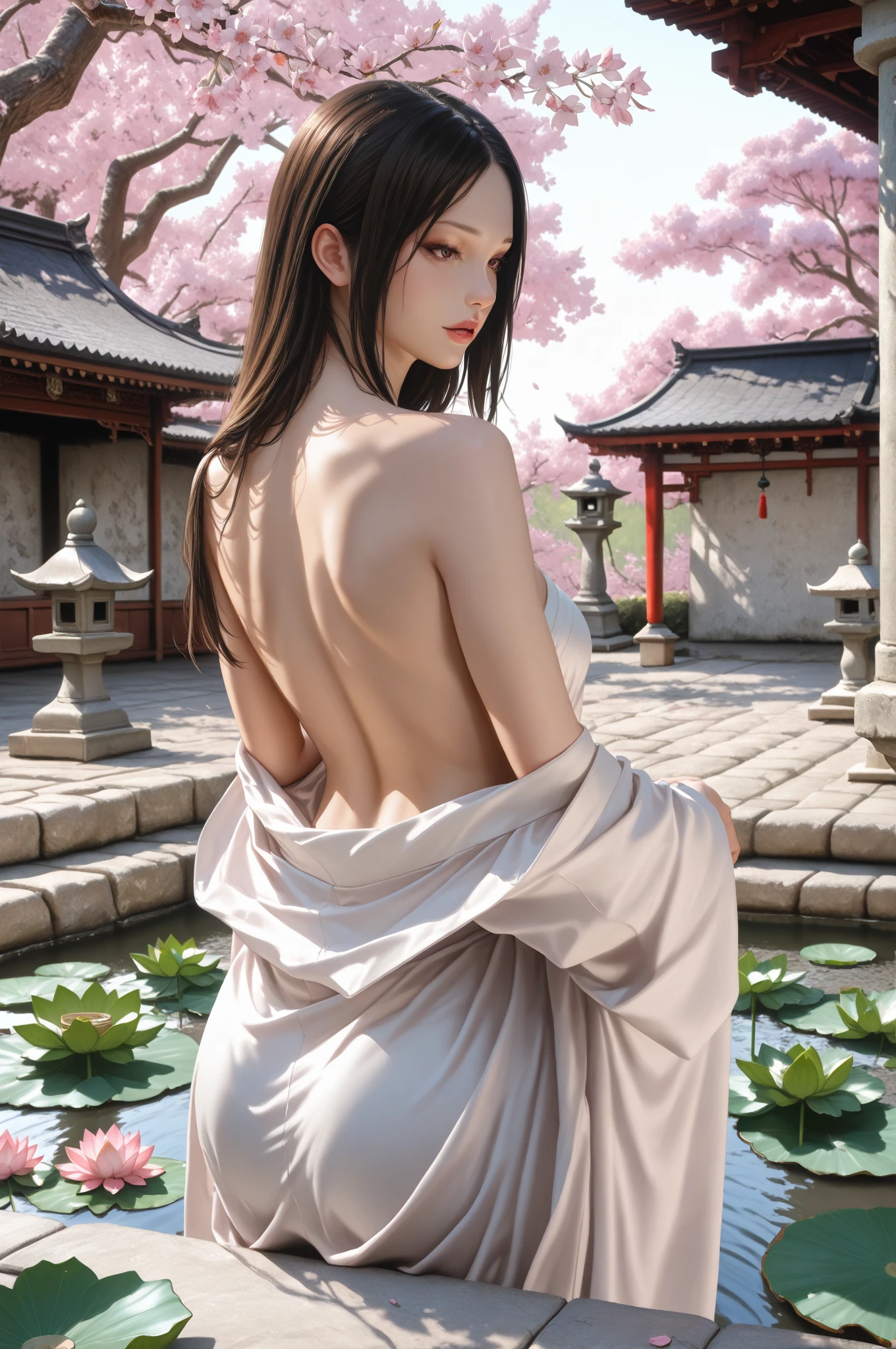 (Beautiful ancient Chinese architecture, moonlight twinkling, lakes at night, shaded by bamboo forests, stone bridge arches, gurgling water, rockery stone paths, blooming water lilies, hot spring water vapor, auspicious moonlight illustration: 1.0), epic composition, super details Realistic, highly realistic lighting, best wallpaper quality, masterpiece. (very detailed CG unity 8k wallpaper) --v6.