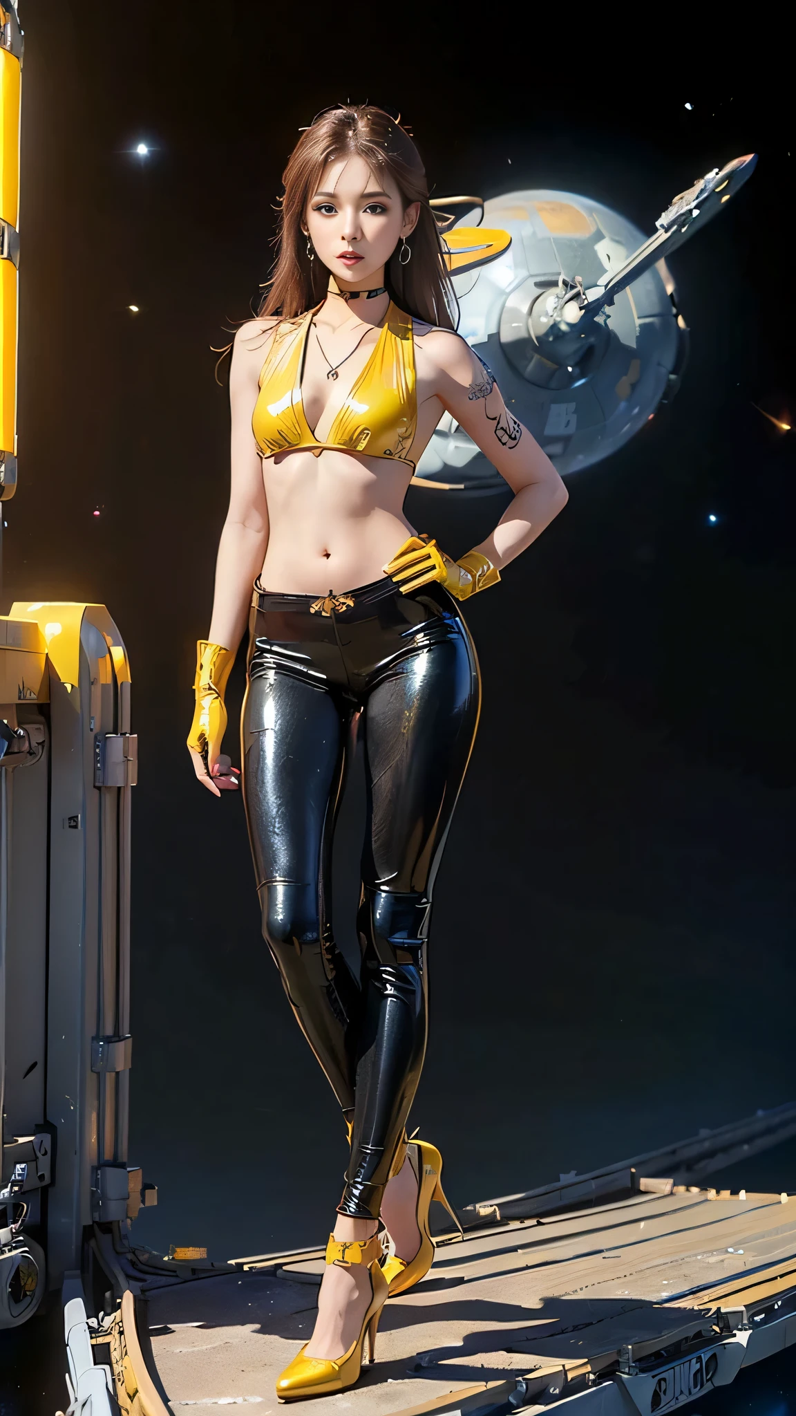 ((masterpiece:1.4)、(highest quality:1.4)、(Realistic:1.7))、Masterpiece:1.4、(Top-notch rendering:1.4)、(Yuki, the beautiful navigator of the Space Battleship Hikari:1.4)、Super Beauty航海士Yuki、(By Luis Royo:1.4)、(A uniform that accentuates your beautiful figure:1.2)、(Futuristic sci-fi battle fashion:1.2)、(Street Style Wear)、(Tight Fit Pants)、(Shiny luxury latex:1.4)、(Luxury yellow latex:1.4)、19 years old、(Cute Tattoos:1.4)、(Wearing yellow gloves)、Cute Girl、Super Beauty、(Seductive pose)、Sharp Focus、Portrait Photography:1.4、8k、Photorealistic images:1.4、(Perfect female body:1.4)、Perfect proportions、(Standing:1.4)、(Upper body shot:1.4)、Beautiful Face、Fearless look、Beautiful Eyes、(A girl with a beautiful body and slender abdominal muscles)、(Narrow waist:1.4)、(9-body proportions beautiful girl:1.4)、(A beautiful girl with long legs and a good figure:1.4)、Beautiful feet:1.2、(Long Hair:1.2)、Heavy makeup、Eyeshadow、Glow Eye、Glow Lip、Beautiful breasts、Large Breasts:1.2、sexy ass、(Standing facing forward:1.4)、Raw photo、Red lips、Yellow high heels:1.4、choker:1.4、necklace:1.4、Earrings:1.4、1 Screen Display:1.4、Space Battleship Hikari&#39;s bridge:1.2