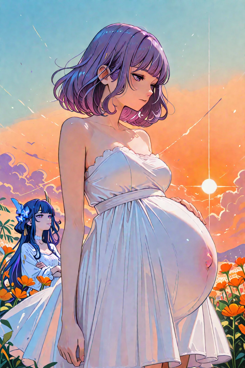pregnant girl
outie belly button
protruding navel
sad