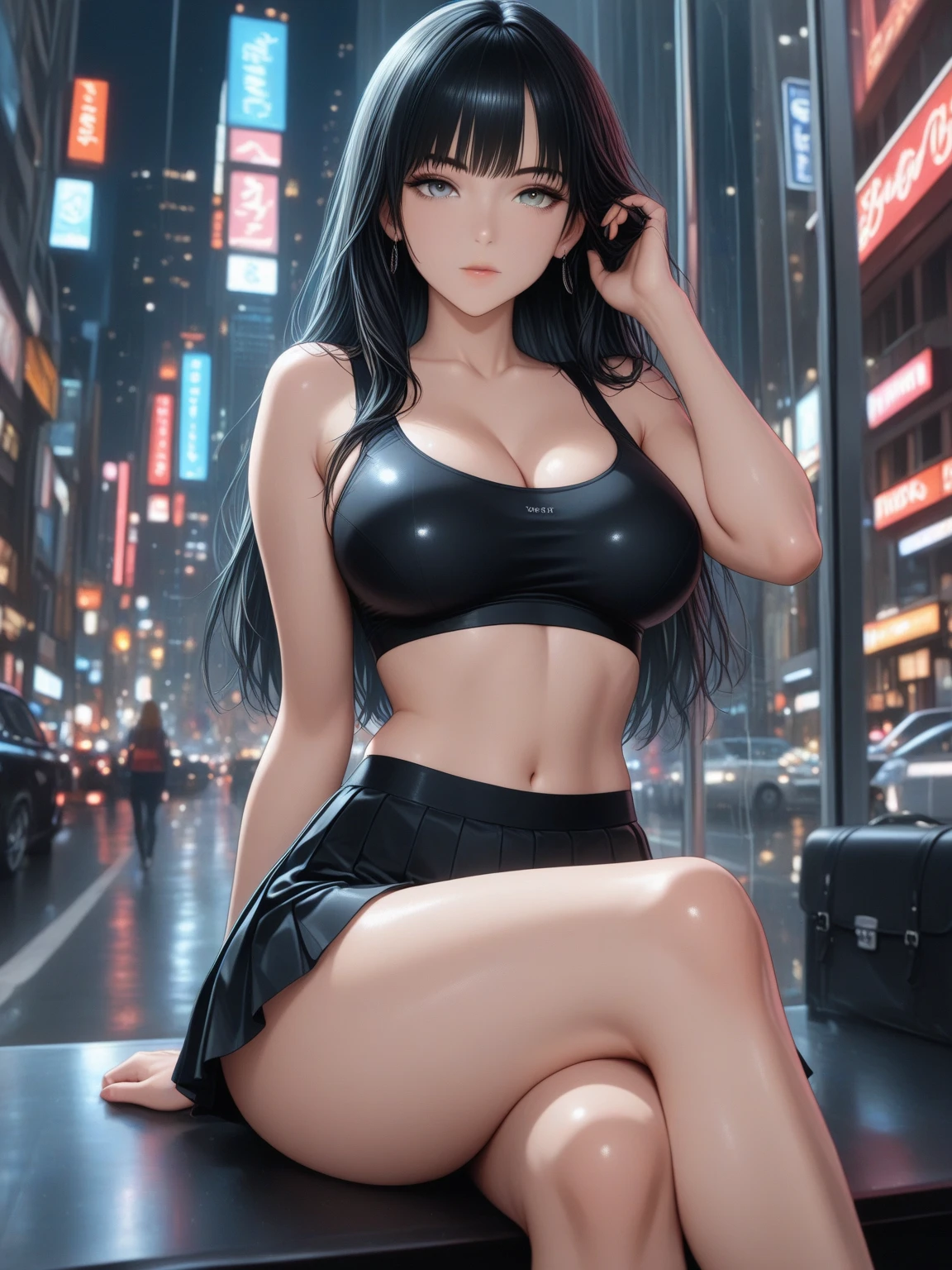 masterpiece, best quality, shadows, perfect hands, perfect legs, perfect anatomy, pretty face, mature features, 1 girl, 21 years old, MILF, mature woman, tight crop top, sexy leather skirt, city night background, white long hair, thighs, ass, breast, seductive, spicy, posing, cinematography lights,