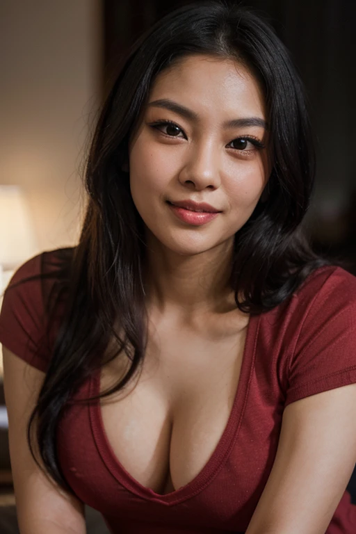 Half-length glamour portrait, nikon D850, f1.6 lens, 200mm, DSLR, 22 Megapixels, (((Neighborhood café scene))), shot of a stunning 19 years old korean girl, (smile:1.4), (wearing Dark red Off-the-shoulder jumpsuit with lace details:1.6), ((seductive pose)), hot girl, (((big natural breasts))), (((black fringe hair))), (small girl), symmetrical face, photorealistic, photography, (bright natural lighting), gorgeous, deep cleavage, (masterpiece), best quality, high resolution, extremely detailed, cinematic lighting, (((very narrow waist))), rich colors, hyper realistic, lifelike texture, ((jewelry)), (((She has beautiful hands and wears rings))), (bracelet), (necklace), (ankle chain), (nail polish) (earrings), Fuji Superia 200, 8k