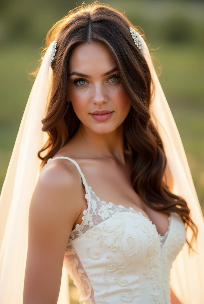 Realistic full body photo of a smiling redhead woman with long hair, Updo, She dances in front of the camera in a long A-line wedding dress with straps made of shiny satin., Park,glamour fotoshooting, Wedding celebration, perfect anatomy, perfect green eyes. Perfect hands with 5 fingers on each hand, Matching girl, looking at the camera, 1 Frau. (Eye make up:1.1), (highly detailed skin:1.1), spirit, analog style, keen focus, 8K  UHD, dslr, good quality, Fujifilm XT3, Grain, Award-winning, ​masterpiece. Wedding celebration