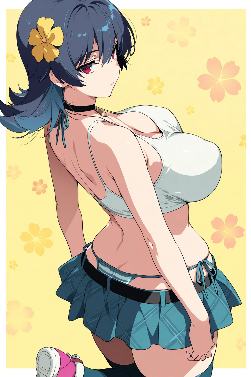 masterpiece, best quality, highres, ram1, 1girl, solo, rem \(re:zero\), blue hair, short hair, red eyes, hair over one eye, ribbon trim, hair ribbon, x hair ornament, frills, crop top white, denim shorts,medium breasts, cleavage, , hair flower, outdoor s, standing, smile, perfect background, perfect light