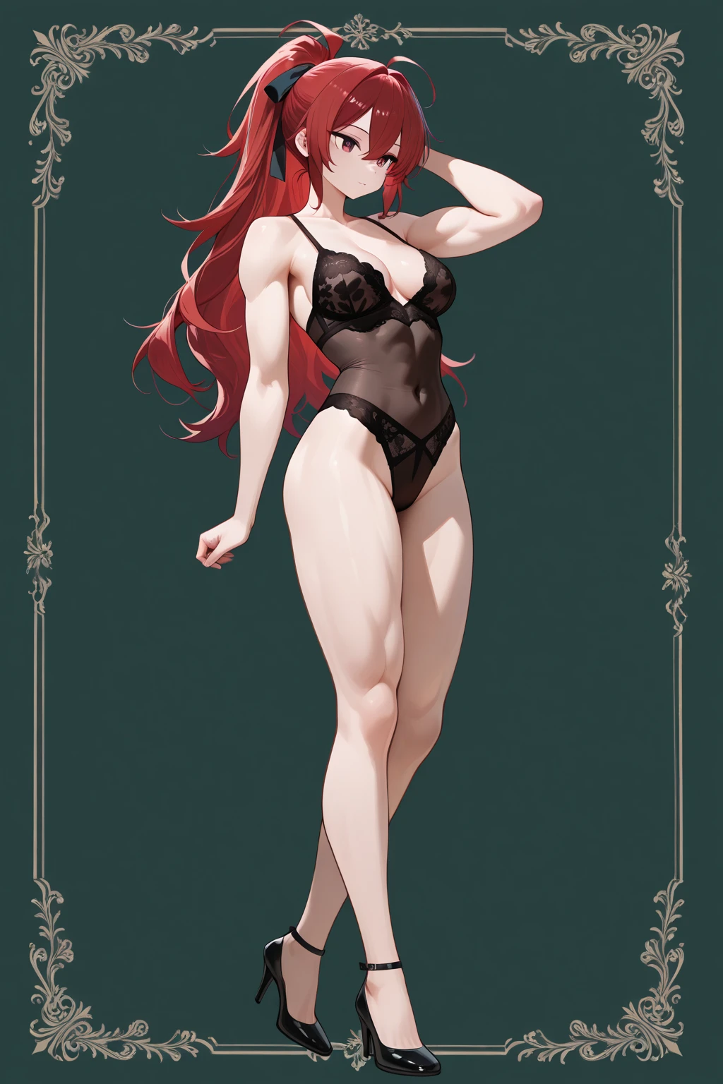 muscular girl. fully body. may bold, high-heels. standing hand to mouth sex