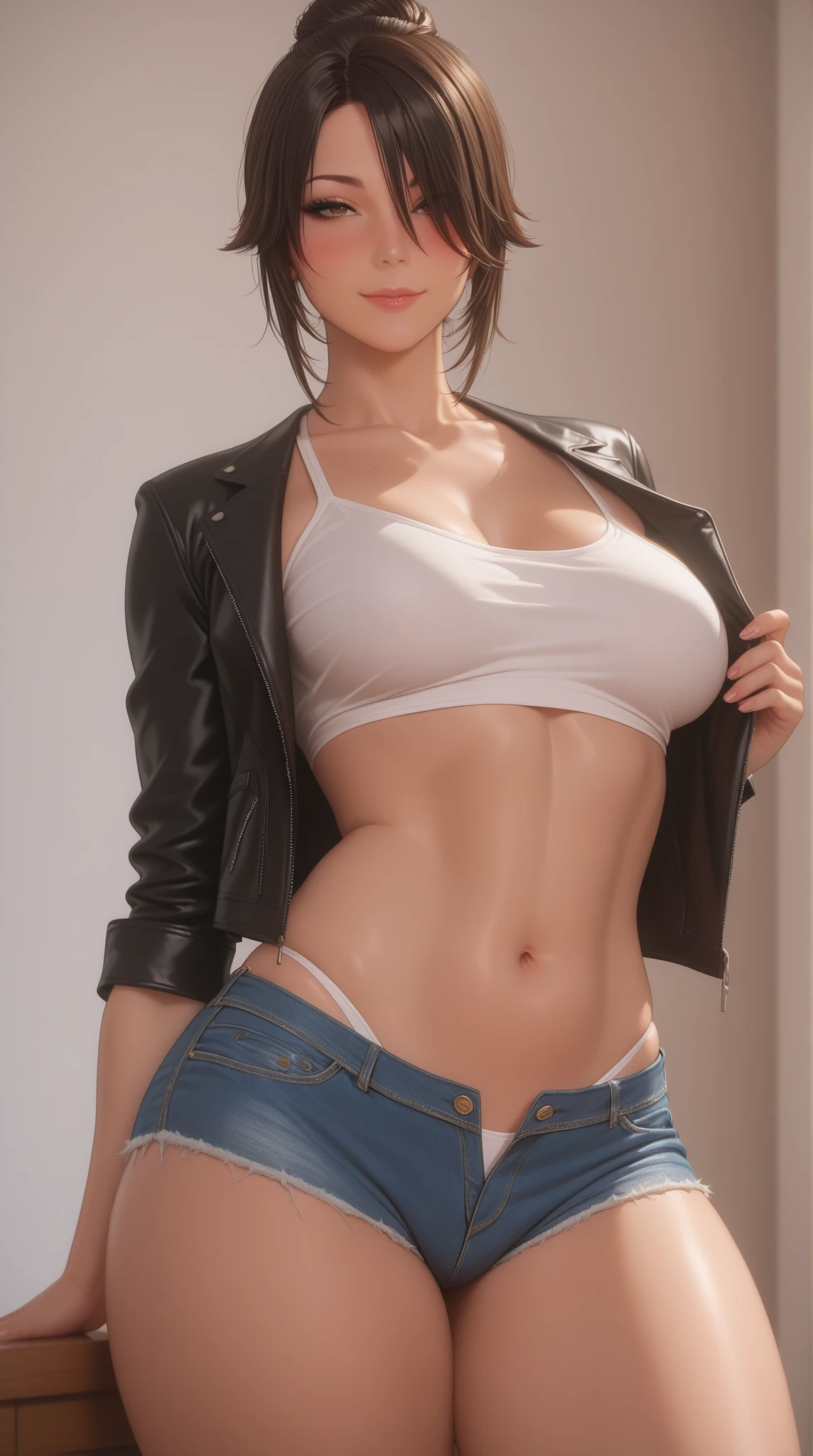 tanned brunette, edgPR_woman, edgPR_face, edgPR_body, shorts, showing her entire body standing up and her beautiful breasts
