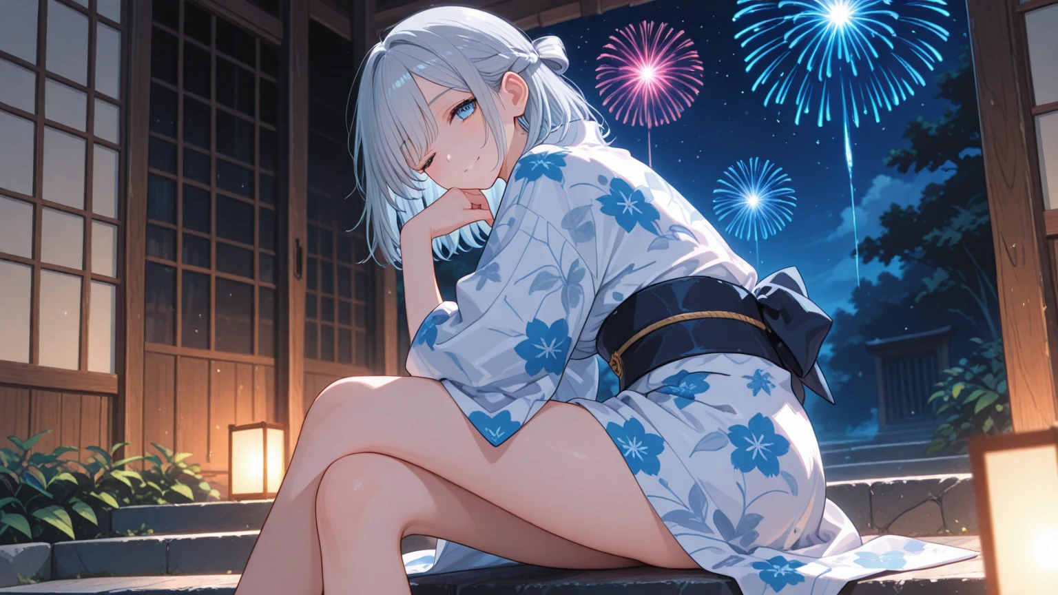 One girl、(((最high quality)), ((masterpiece)), (detailed), masterpiece, 最high quality, high quality, 超detailed, Perfect Face, ((One girl, blue eyes, Silver Bob Hair,))、Shiny Hair、Glowing Skin、blush、yukata、Sandals、Small Breast Summer、port、stall、firework