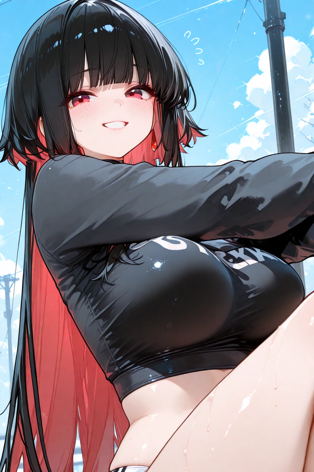 (Masterpiece, Best Quality:1.5), (ultra detailed, high resolution, 8k, Beautiful detailed, UHD, best anatomy), 1 pretty girl, black fur, medium breasts, sleeves beyond the fingers, sagging clothes, Oversized sweatshirt, , leather boots, showing pink panties, 