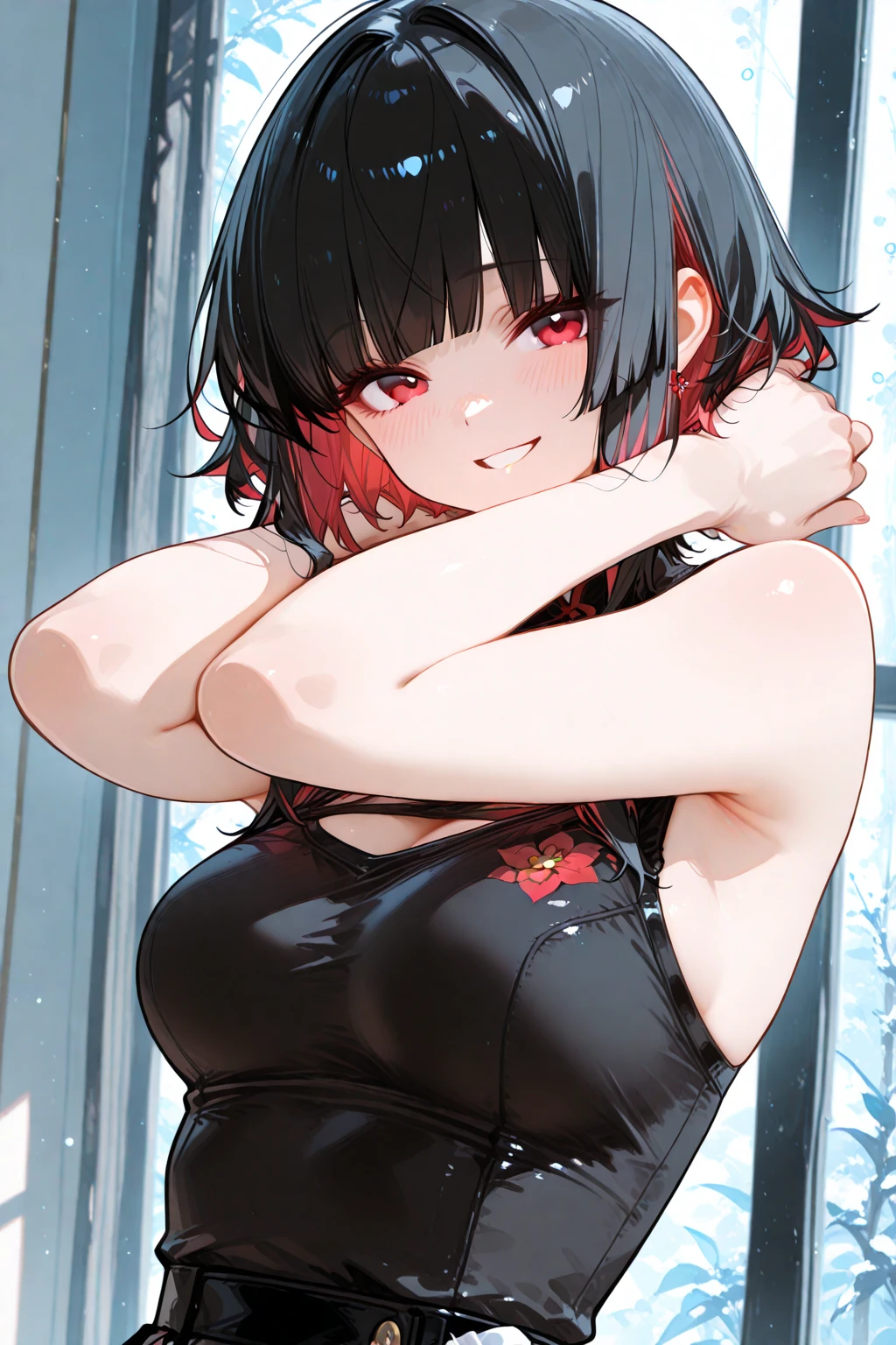 Adulta joven, Cabello negro ondulado, mirada penetrante con ojos profundos de color rojo, estatura promedio, Silky hair with a ponytail hairstyle collected with a red bow with two white lines, tiene pechos, primer plano, Session, standing in the middle of his room [[[[pervertida]]] , Sonrojada, mini dress transparent lingerie, NSFW
