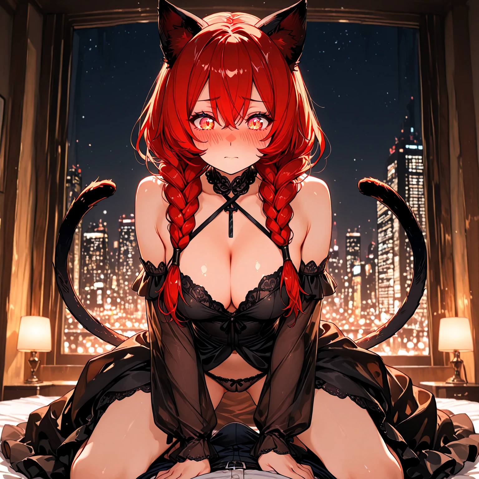 Masterpiece, detailed, soft lighting, gothic catwoman with long red hair, orange eyes chibi, bustling night, high rooftops, --auto --s2