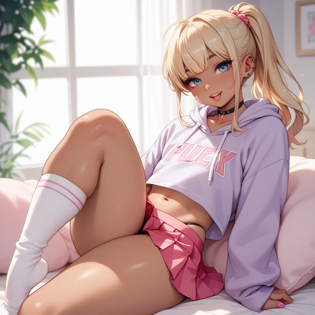 ((Best Quality)), ((Masterpiece)), (detailed), 1 girl, pajamas, pink hooded sweater, White socks, Pastel yellow hair, long hair, hair covers one eye, purple eyes, tight black shorts, big breasts, big thighs, expression smiling shy, bottom lying on a bed