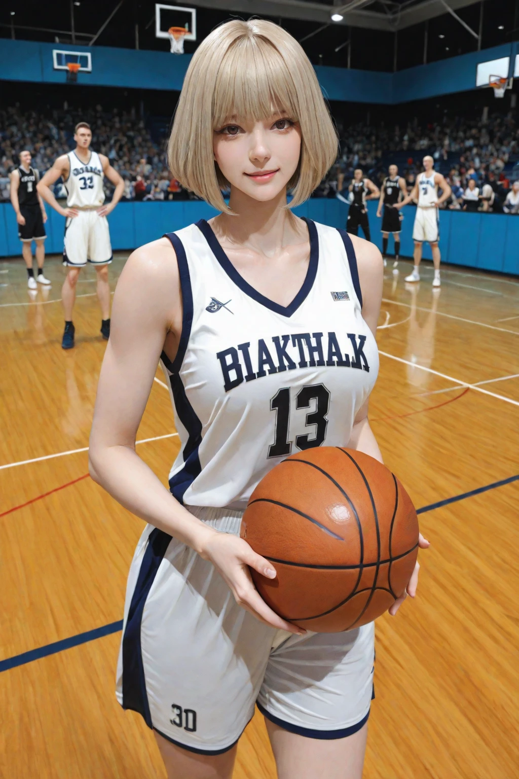 A striking woman with short, pixie-cut platinum blonde hair, wearing a trendy and tight basketball jersey and compression shorts. She is sitting on the bench, sipping water and smiling, showing off her toned legs and arms. The way she relaxes during halftime adds a casual yet sexy vibe. The background shows the sidelines of an indoor basketball court with teammates and coaches nearby.