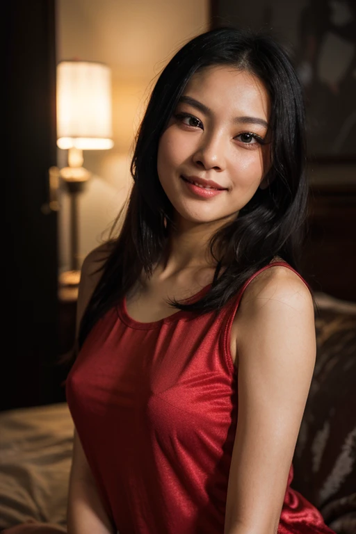 ulzzang -6500-v1.1, (Raw photo:1.2), (Photorealsitic), (See-through:1.3), Beautiful detailed, Famous popular actresses、 (Real: 1.4), extremely detailed eye and face, Beautiful detailed eyes in the bedroom at night:1.1)), ((translucent red nightgown:1.2))、selfee、Instagram、game_nffsw, Sitting、huge filesize, hight resolution, ighly detailed, top-quality, [​masterpiece:1.6], illustratio, ighly detailed, nffsw, finely detail, top-quality, 8k wallpaper, Cinematographic lighting, 1 milf, 42 year old, perfect body type, Beautiful big drooping eyes、Pieckfinger, ((masutepiece)), Best Quality, 1 milf, eye shadow,  high-heels、Portrait, ((FULL BODYSHOT:1.4))、(Very affectionate smile:1.2)、realistic skin textures、shinny skin、turned around、Exposed thighs!!!