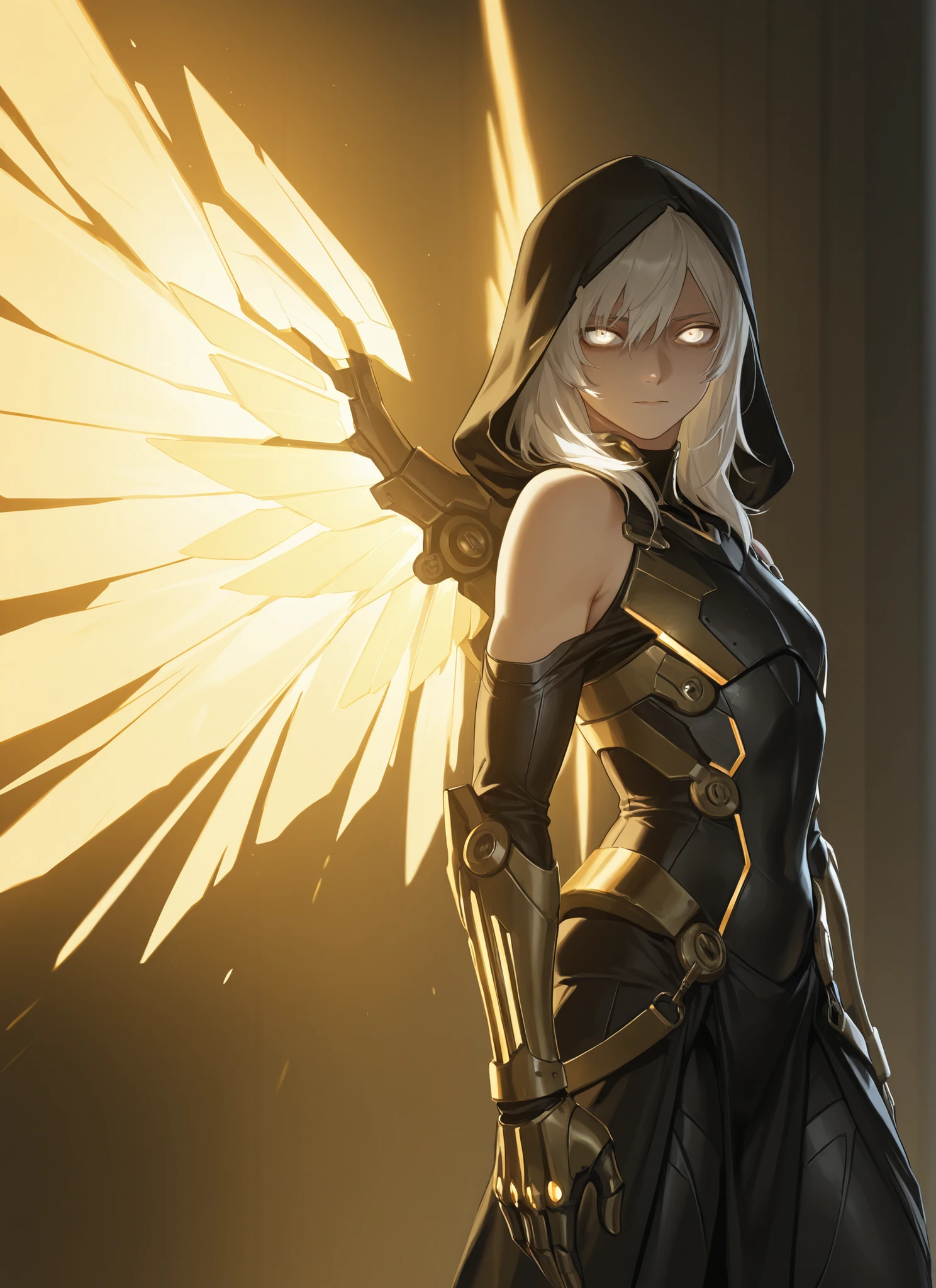 Wings, glowing wings,,(face focus, cowboy shot:1.22), dynamic pose, three quarter shot, mature, flat chest, femboy, (1girl:0.75), solo, effeminate, tomboy, masterpiece, best quality, amazing quality, very aesthetic, high resolution, ultra-detailed, (soft shading, soft shadows, volumetric light:1.14), dramatic lighting, absurdres, (astolfo:0.33), white hair, medium hair, glowing white eyes, protoss, nanosuit, protoss armour, hierarch armour, glare, wristblade, gauntlet, aura, greek clothes, exposed shoulders, rage, Grim Reaper, Grim, hooded cloak, gesugao, yandere,