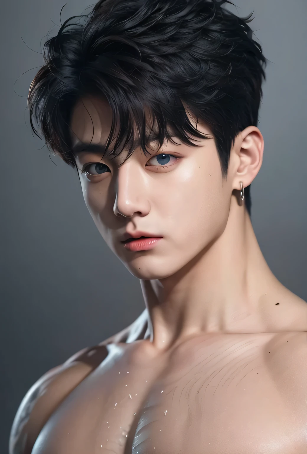 Create realistic images, High resolution photo with a handsome Korean guy, Heterochromatic blue colour eyes, He was shirtless ..,nice skin,Open it up...,short light brown hair.,strong