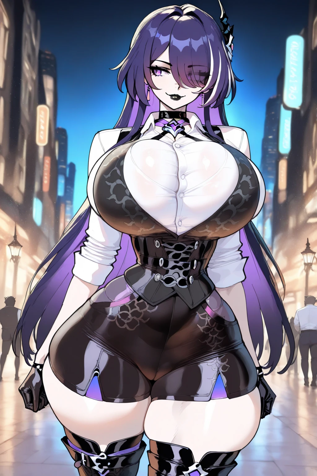Fox Girl, Big Breasts, Voluminous purple hair, masterpiece , Red eyes、Double teeth、tooth、Blushed cheeks、 hd, from head to chest, buried in my chest、Underbust、Cleavage、Bunny girl