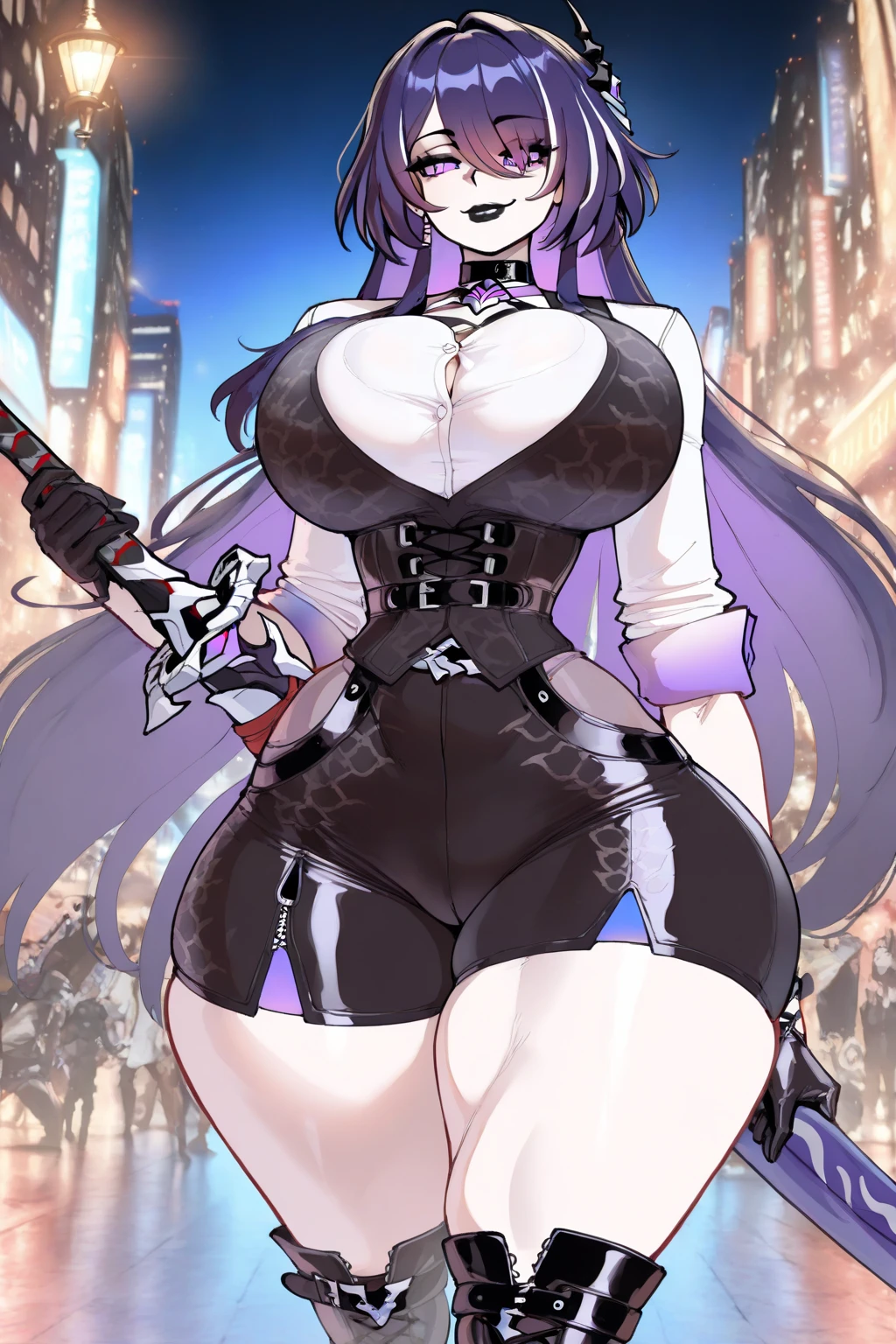 1girll,Gorgeous Hair in Long Purple,Purple jumpsuit,Tattooed with,There is a red cord around the waist,purple boots,Thigh leg rings,Left-handed katana,The right hand releases a purple energy glow,Hands full breasts, Convex buttocks, city ruins,holy rays,A desert,Detailed background, Clothing details, perfectly proportioned, filmgrain, Fuji colors, lightand shade contrast, tmasterpiece, high detal, high qulity, A high resolution, Cinematic lighting, 8K, Textured skin, Super detail