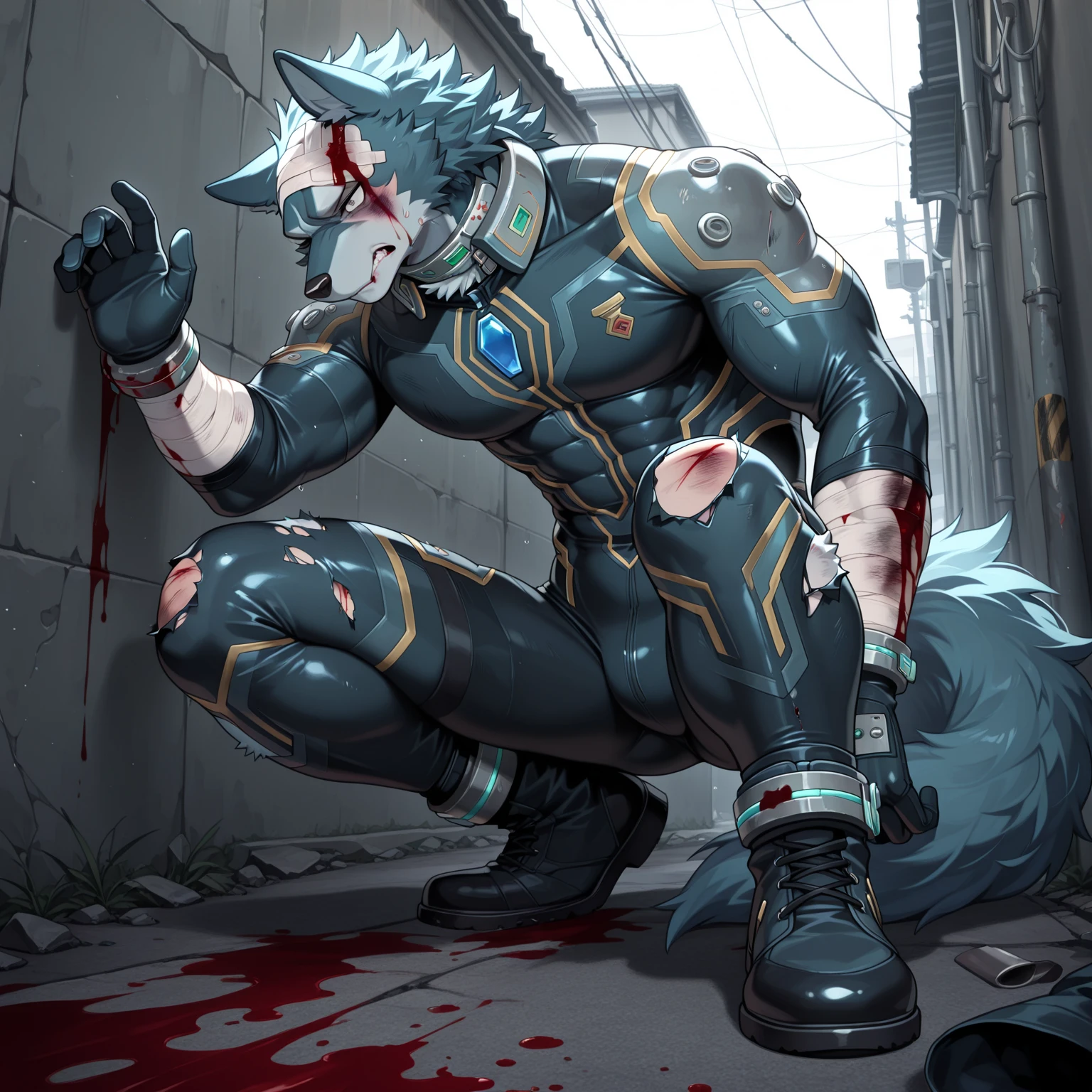 score_9, score_8_up, score_7_up, score_6_up, score_5_up, score_4_up BREAK (furry, anthro, furry art, furry artwork, source_furry, uploaded_on_e621) BREAK barcode tattoos, (mechabare:1.6, broken, damaged, heavily damaged, destroyed, dismembered, dismemberment, severed, severed limbs, severed body, amputee, amputated, missing limbs, robot gore, robot guro), solo, male, adult, white arctic wolf, white fur, muscular, short messy spiky dark blue hair, detailed eyes, hard nipples, huge uncircumcised erect penis with foreskin, erection, component, mechanical parts, mechanical component, lying, lying on the ground, in a dark dim alleyway, dark dim alleyway background, angry expression, looking away, BREAK good quality, best quality, high quality, high definition, hd, 4k, 8k, masterpiece, intricate, extremely intricate, intricate details
