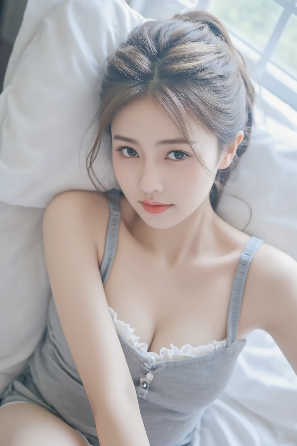 1girl, (looking at viewer:1.2), detail face, (a girl standing, rending on cgsociety, Lying in bed,There are rose petals on the bed), romanticism, atmospheric, (RAW photo, best quality), (realistic, photo-realistic:1.3), masterpiece, an extremely delicate and beautiful, extremely detailed, D cup,With cleavage,Lilac tube top dress,
