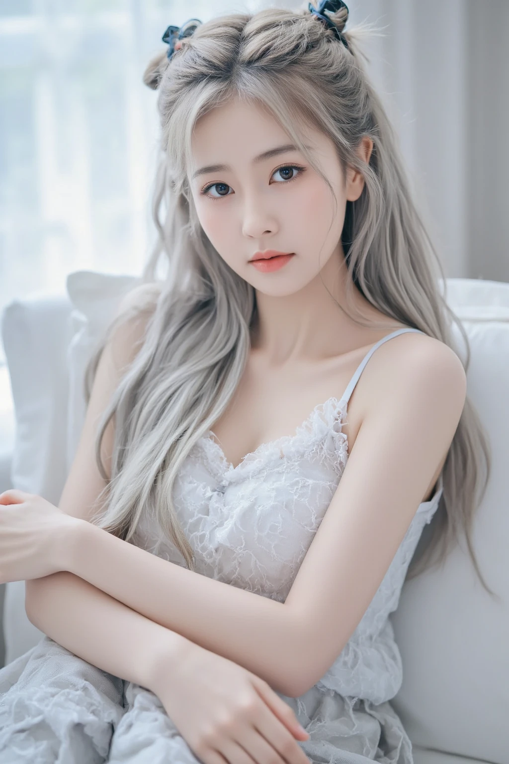 8K, highest quality, RAW photo,  ultra high resolution　cool beauty　beautiful butt　　huge breastsの谷間　thin eyebrows　on the bed　huge breasts　silver hair　silver blonde　gray hair　 Pink clothes that make your body line look beautiful　Pink see-through off-shoulder knit　sexy　2 limbs　close your eyes　open your legs　pink see-through underwear　alone　Focus on the lower back　open your mouth　Are sleeping　close your eyes頬を紅潮させて　double　beautiful nose　Make the nose smaller
