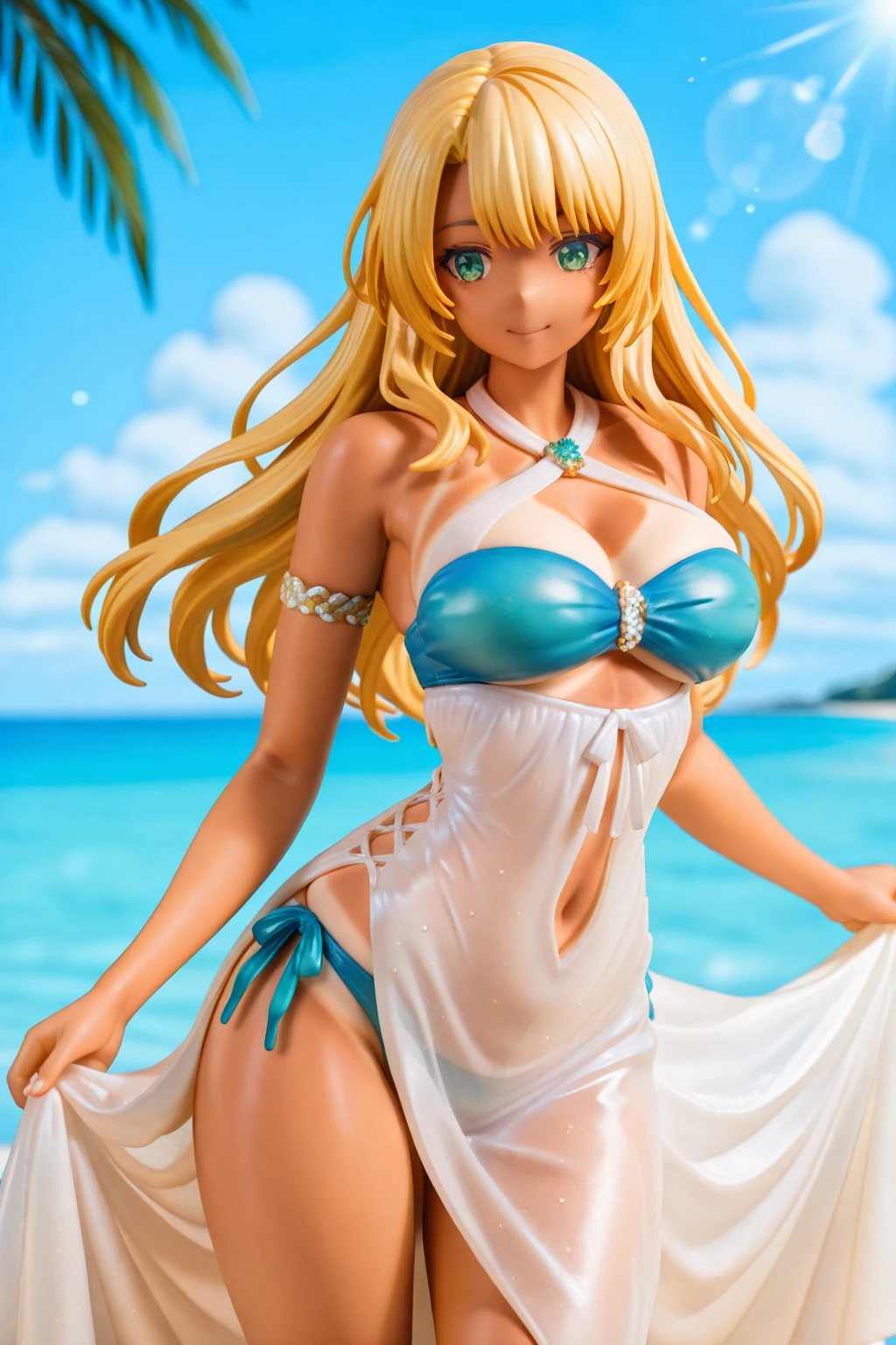 Your influencer character(sexy milf boobs) with long, blond hair sitting on a beach
. She is dressed in a bikini. and has a lovely expression on her face. colourful and bright colouring.