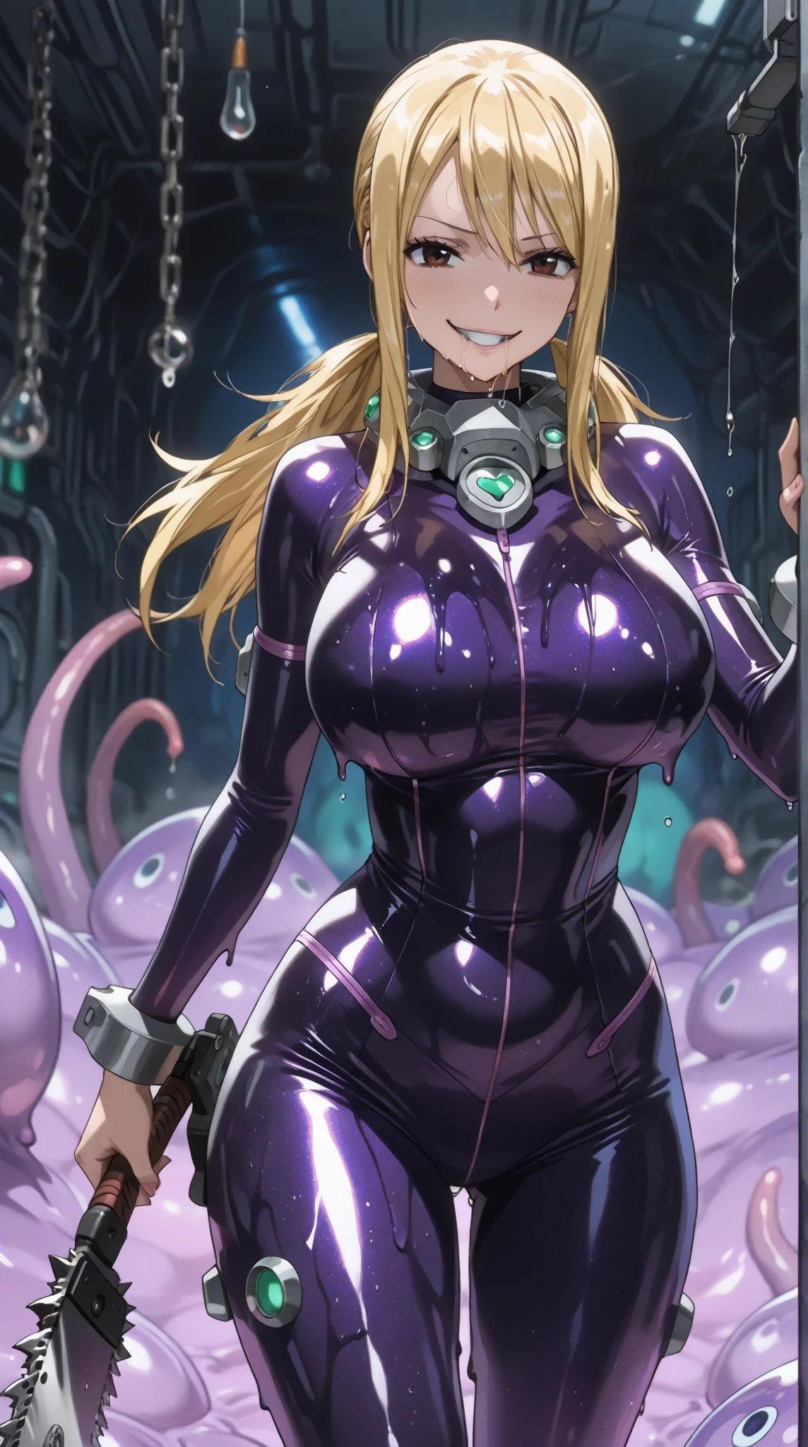 (masterpiece), best quality, expressive eyes, perfect face, ((solo, mature woman, full body, look smart, blond hair, short bob hair, glasses, azure pilot suit, high leg, over knee socks, large breast, large butt, smile, relaxed expression, open mouth)), low view, ((aliens, alien monsters, tentacles, monstrous tentacles, swarming, surrounding)), in the spaceship, outer space,