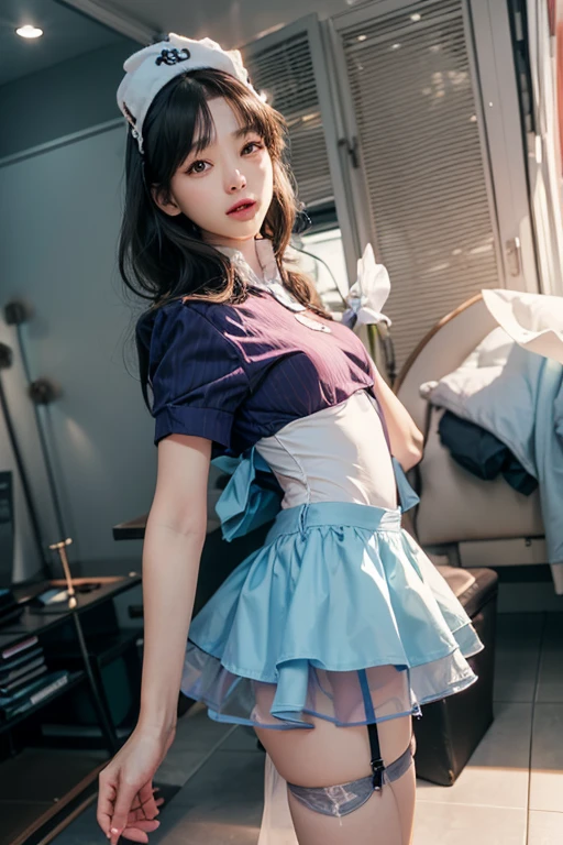 (highest quality), (masterpiece), (raw photo), master, very beautiful, highly detailed CG, 8k wallpaper, amazing fine details, official art, huge file size, high resolution, darkness, atmosphere, mysterious, romanticism, creepy, literature, art, fashion, elegant, (((Perfect ??????? depiction of the human body))), two junior high school girls alternately standing straight, One is facing forward, the other next to him is looking intently at the other with his back turned and only his neck turned to the side, a 12-year-old girl, one has blonde blue eyes and partially braided long hair, 
 One is a Japan brunette with twin tails, ((super big)), (thin waist), (big buttocks), (thin thighs), (whitens the skin), baby face, (neat white blouse of smooth sheer fabric with ribbon tie), ((blouse is very cramped)), (ultramini pleated skirt), (white underwear), (clothes are everywhere), ( Dressed neatly with all the buttons fastened), shooting from various angles, Midnight, dark basement, no windows, dust dance, ((very dark)), (too dark to almost invisible), faint blue backlight, nphot, low exposure flash shooting