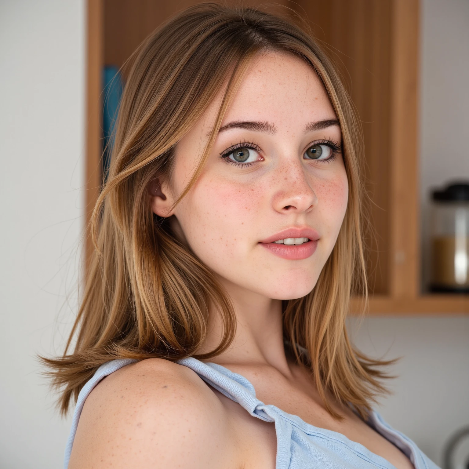 Evie , in basement , , , looking at the camera , ,, , , , , from above , , , , , nude, ????? , detached hair , sat in the bus, hands on her knees , shy, touching her hair