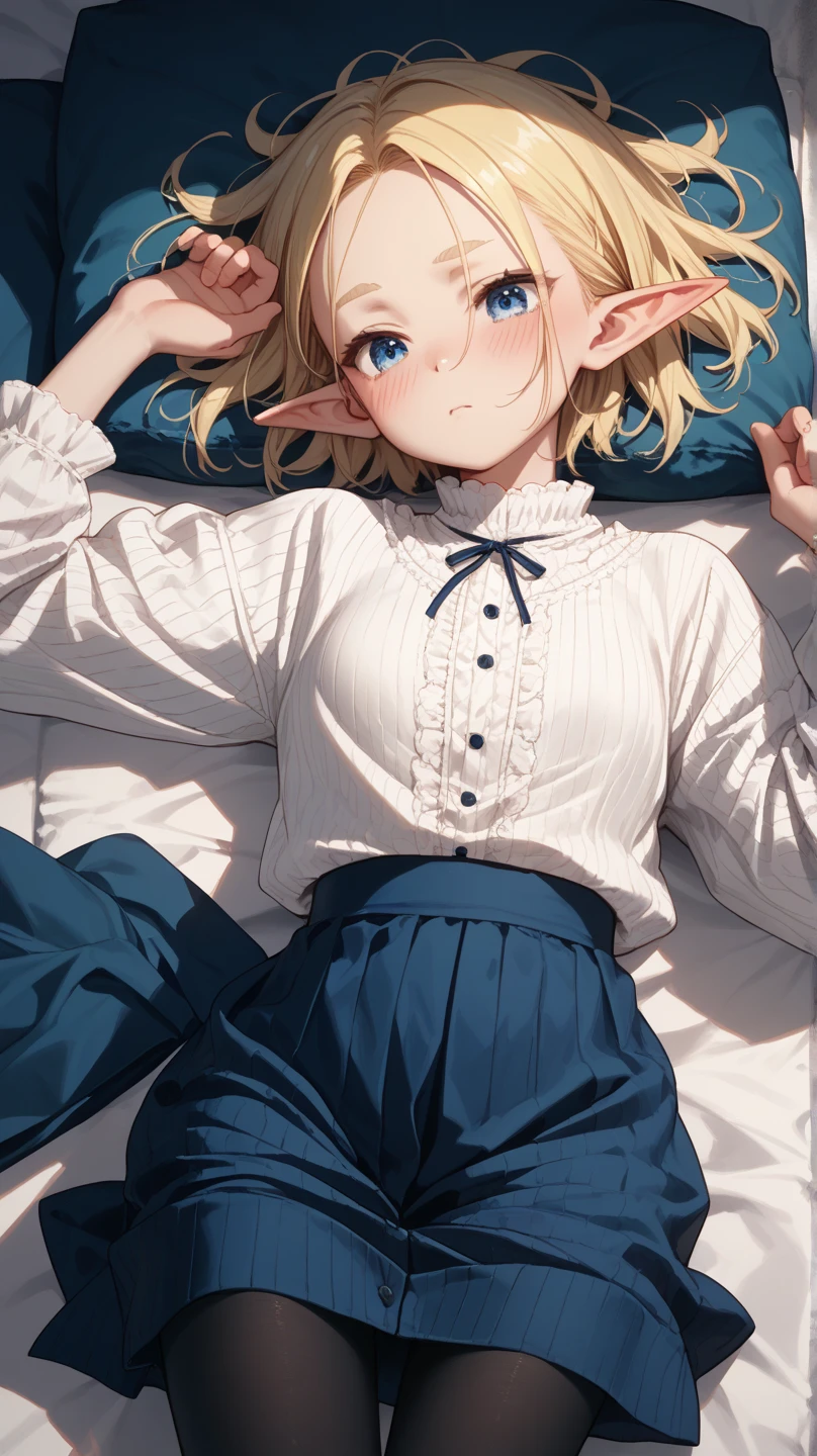blonde ponytail hair fairy, blushing, cowboy shot, sitting, masterpiece, very detailed, high quality, hugging her legs
