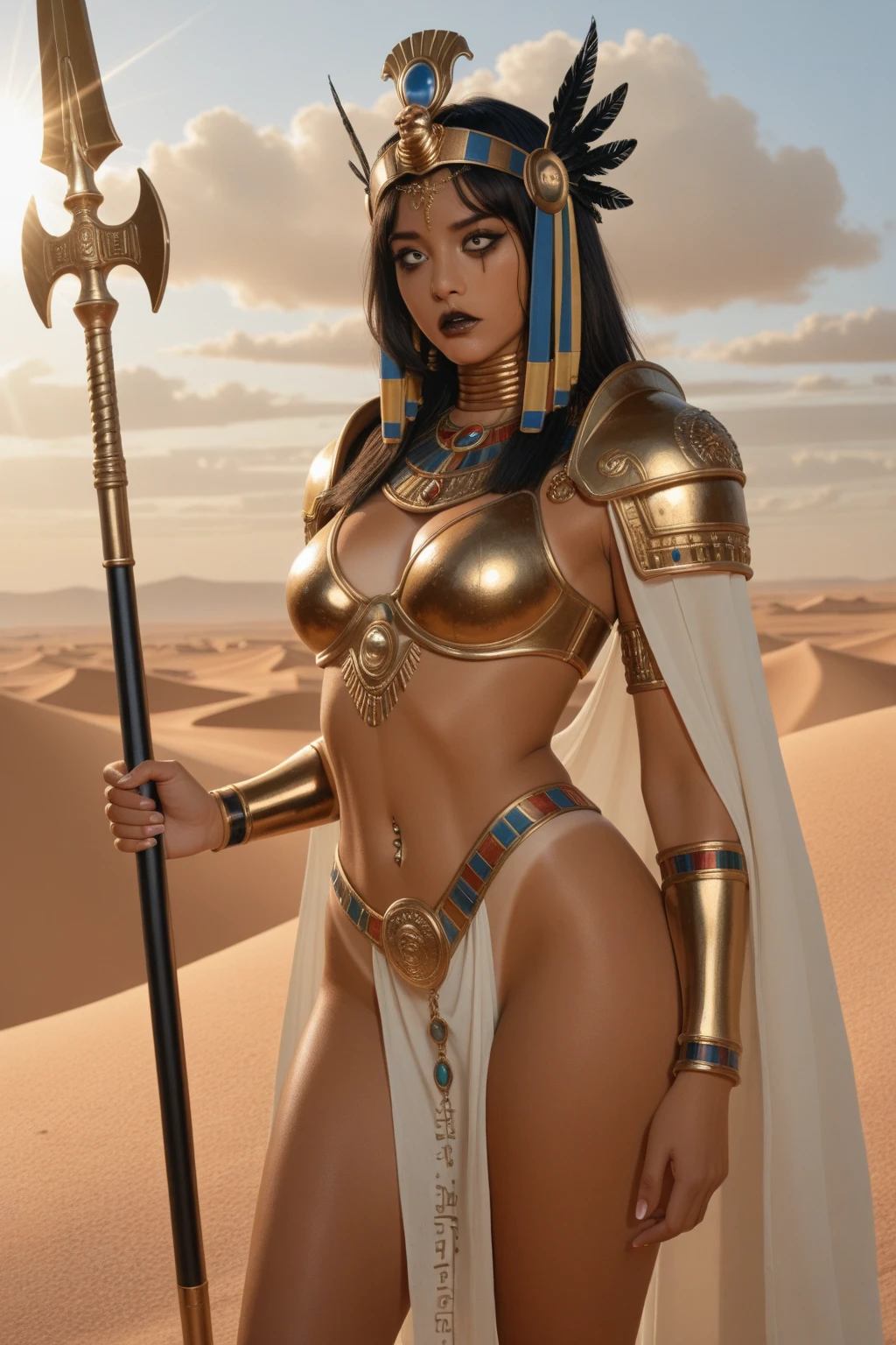 The black queen of vice is half-naked in Egyptian clothes full height
