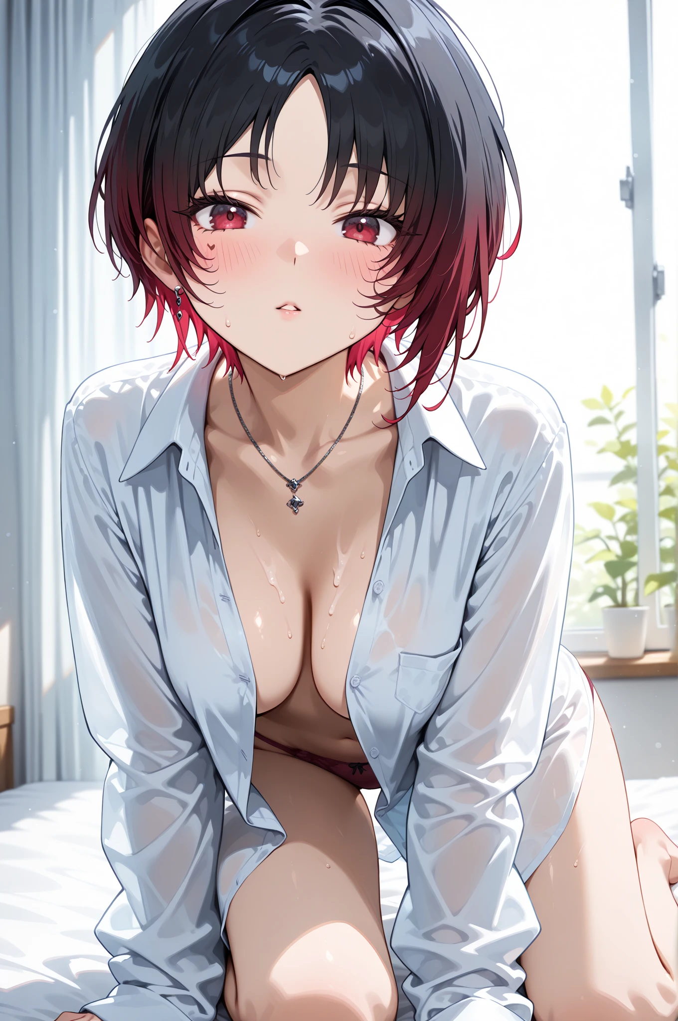 high res, (masterpiece:1.6), (((dark atmosphere))), dark lighting, (best quality:1.4), best illustration, best shadow, depth of field, detailed eyes, sharp pupils, best dark, beautiful, detailed face, 1girl, short, cute, black hair, red eyes, short hair, wearing feminine panties, no pants, no shirt, red face, erotic body