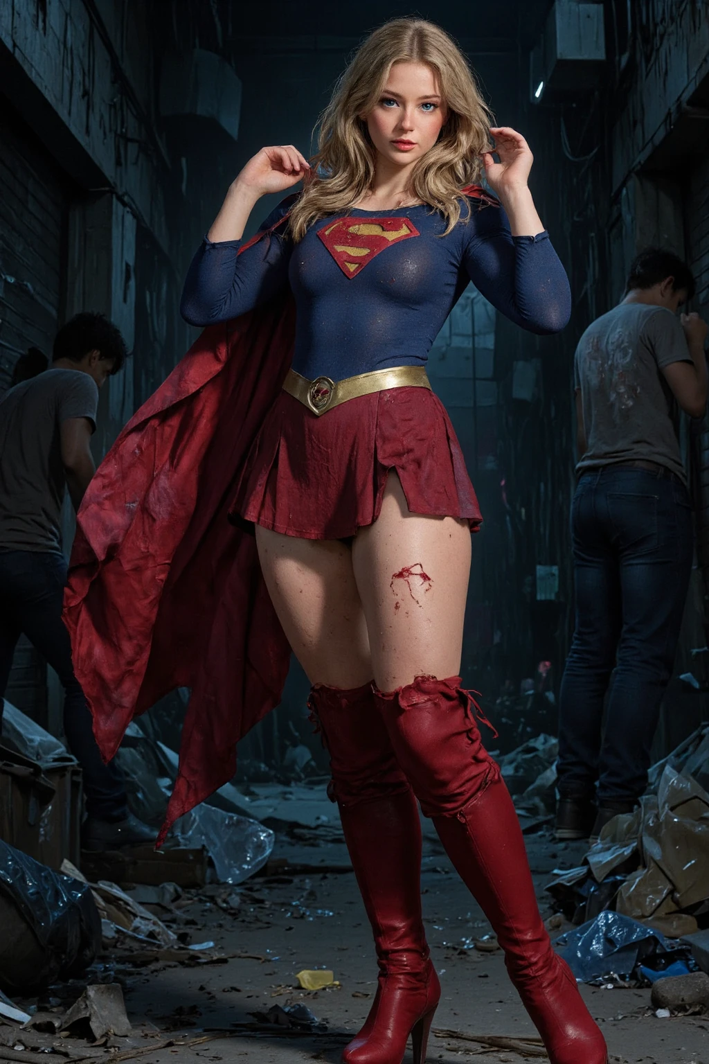 ((best quality)), ((masterpiece)), (((detailed, extremely detailed))), Crying supergirl tied up, supergirl, blue eyes, blonde hair, long hair, cape, pantyhose, superhero, skirt:1.2, boots, ((bruise:1.3, dirty, ((torn clothes), revealing clothes), blood)), ((bound wrists, arms up, rope:1.5)), small nipples, ((visible breast)), shaved vagina, torn clothes, damaged clothes, ((visible vagina)), futuristic background, technological background, defeated, crying, struggling, vagina exposed, breasts exposed, indoor setting, pussy:1.5, ((full body)), red skirt, suspended, suspended in air, green rope, (((breasts exposed, vagina exposed))), <lora:Supergirl:0.8>, <lora:tiedArmsUp:0.6>