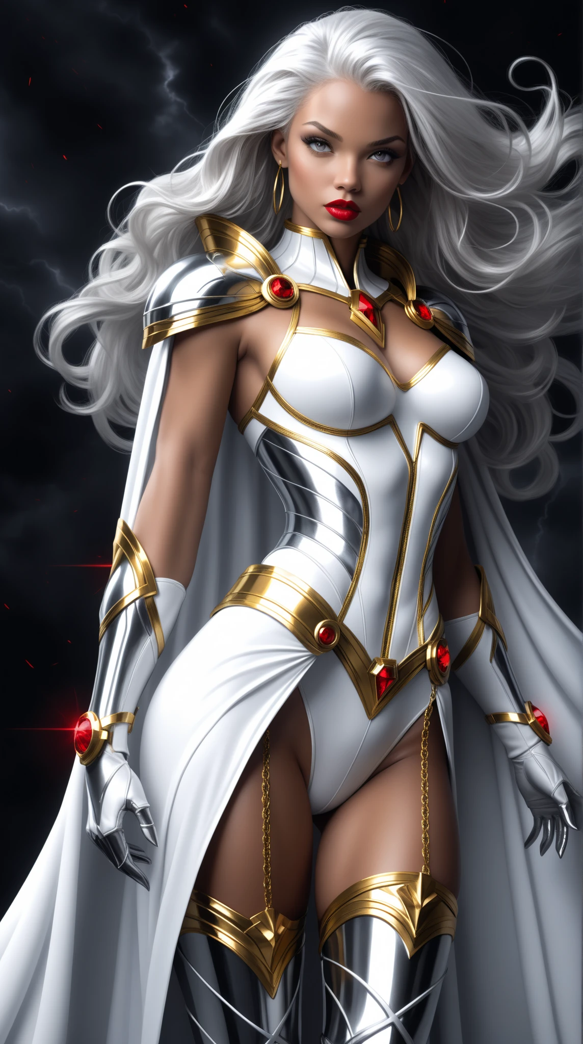 (dark skin: 1.6), (New York: 1.4), (time square: 1.3), (Day with Thunder and Lightning: 1.5), Storm, also known as Ororo Munroe, is a Marvel character with a remarkable appearance. She is a dark-skinned woman with a pretty face and perfect features, with bright white eyes and long silver hair that flows like a storm. Her height and size are impressive, conveying a majestic presence. Her iconic costume consists of a white leather outfit that clings to her body, accentuating her curves, with gold details including a high collar and long gloves. She wears a cape that extends to her ankles, reminiscent of the clouds of a gathering storm. Storm also sports dangling earrings and a gold belt. Her clothes evoke a balance between elegance and power, reflecting her ability to control the natural elements, especially the weather. (athletic body: 1.5), (Bright white outfit coru leotard: 1.5), (average breasts: 1.3), (hanging breasts: 1.3), (full breasts: 1.3), (realism:1.5), (Realisitc:1.4), (Absurdity:1.4), 8k, ultra-detailed, Detailed beautiful woman, (only:1.4), 1girl, (Viewer facing:1.2), (Day with storm and lightning: 1.5), Intricate body details, (Curvy: 1.3),(short:1.3)