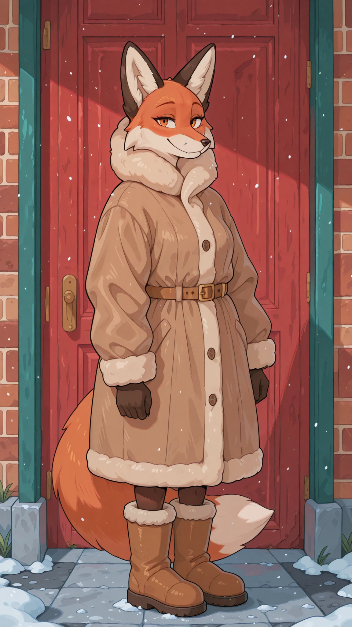 anthro, fox, girl, red and white fur, brown sheepskin coat with big collar, winter boots, looks at the viewer,