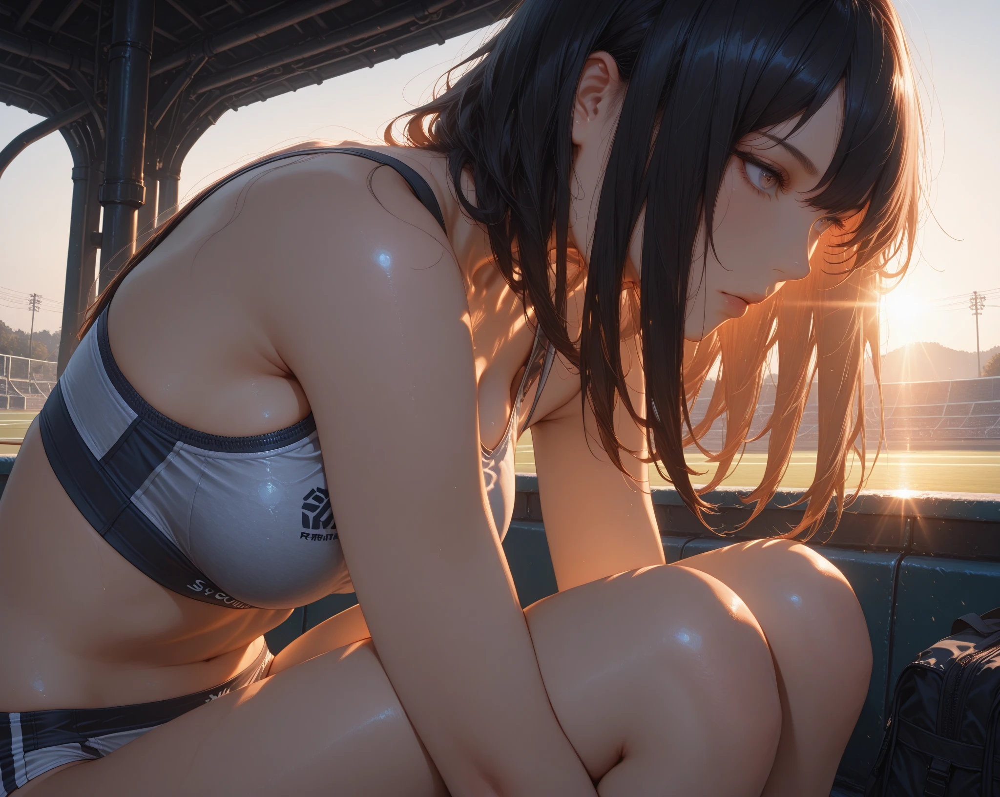 1girl, solo, white polo shirt, white sneakers, tennis wear, white miniskirt, masterpiece, best quality, realistic, hyper-detailed, (shiny skin, sweaty:1.4), absurd, looking at viewer, short black hair, brown eyes, slender, dynamic lighting, high resolution, sharp focus, depth of field, detailed eyes, sharp pupils, realistic pupils, (small breasts:1.6), (thick thighs:1.0), outdoor, sky