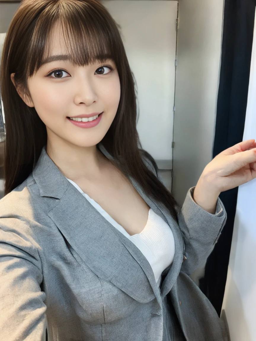 (best image quality, hyperreal, ultra HD), front angle, neat Japan, nurse in a white coat with brown hair and long hair, naked in a white coat, Nogizaka 46, cleavage, slender, lustrous, beauty, beautiful eyes, smiling expression, best skin type, stethoscope, background is a hospital room