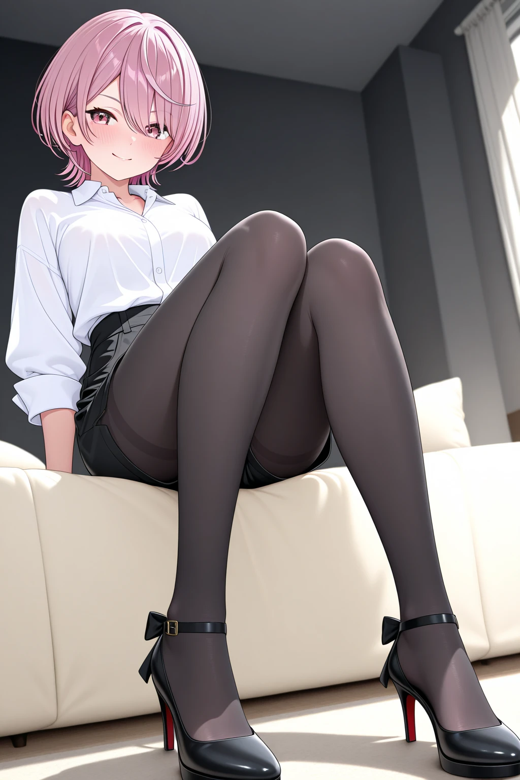 One Girl, alone, ((White shirt)), Black knee socks, Proudly, Cleavage,Black panties,Show off your panties to your audience,Spread your legs wide,脚をSpread your legs,I can see your pants,Spread your legs and show me your panties,Her shirt was turned up、Bra is visible,Spread your legs,Black bra,Big Ass,Large Breasts,Low Angle,Chair下からのアングル,Black pantyhose、 Cowboy Shot,uniform, officeの背景, Black Skirt, Pleated skirt, Very short skirt,pantyhose,office,E Cup, Look at the viewers, alone, Thighs ((masterpiece)), sit, Chair, desk work, Computer on the desk, Name tag, ID Tag, in house, blush, Sexy pose