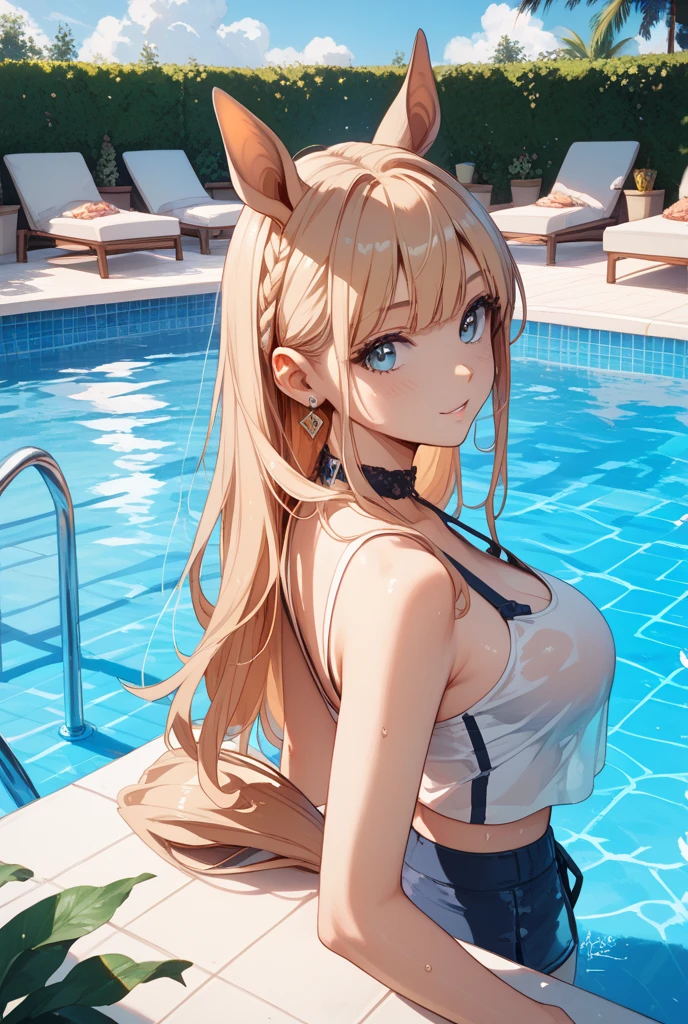 ((Highest quality)), ((masterpiece)), (detailed), A cute girl with bear ears, Night Pool,Giddy Smile,Straddling a chair,Seductive pose,Showcasing cleavage