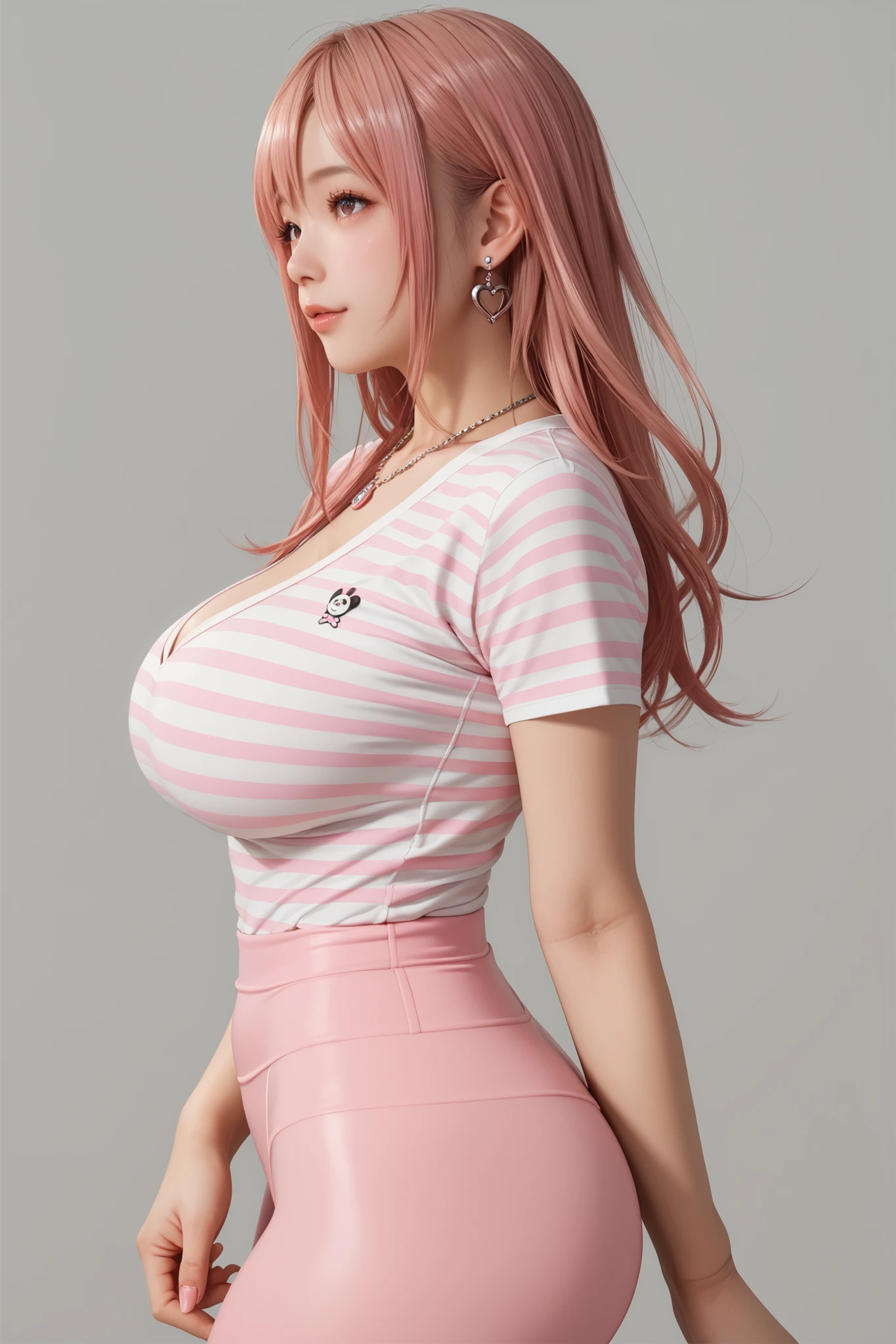 21yo girl,pink hair,long hair, wearing black t-shirt, green neon light,black background, natural big breast, show big thigh, plump body,single sidelock hairpin blush modern cinematic lighting,ray tracing,drop shadow wide shot UHD,textured skin,high details,best quality 4K