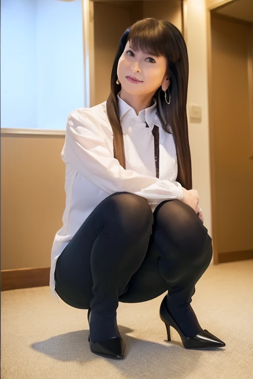 Browsing Caution, ((Highest quality)), ((8K)), ((masterpiece: 1.3)), (Perfect appearance), (Photorealism: 1.6), (woman squat on the grass), (She's squat down and showing me her panties.), Japanese women, (58 years old), ((Realistic skin texture 1.8)), (Fine wrinkles appear all over the skin: 1.3), (Dullness: 1.1), (Unmoisturized skin: 1.2) , (Facial wrinkles: 0.9), (Wrinkles around the eyes: 1.2), double eyelid, Lower eyelid tear trough, (Crying Mole: 0.9), The eyes are looking here, Serious look, (Dimples: 1.2), The gaze is directed diagonally upwards to the right., Long Hair, Soft fabric blouse, Wide sleeves, Cuffs that fit your wrist, (The bottom of the blouse is tucked into the skirt: 1.2), flare skirt, Roll up your skirt, (Leg spread), High heels, (panties), (panties under pantyhose: 1.2), (pantyhose), (Panty shot: 1.2), squat, underwear, white panties, (whole body),