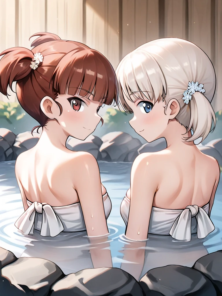 panoramic, (Looking at each other) (relax bathing style), (a 16 yo, crew cut silver hair very short hair divine fighter boy, cool red eyes) and (a 15 yo, green ponytail hair long hair cute girl, cute yellow eyes, medium tits, love smile), break,  (in the OPE field natural hot spring, background nature), BREAK, perfect anatomy, masterpiece, best quality, 16k, beautiful detailed grow, daydreaming expression.