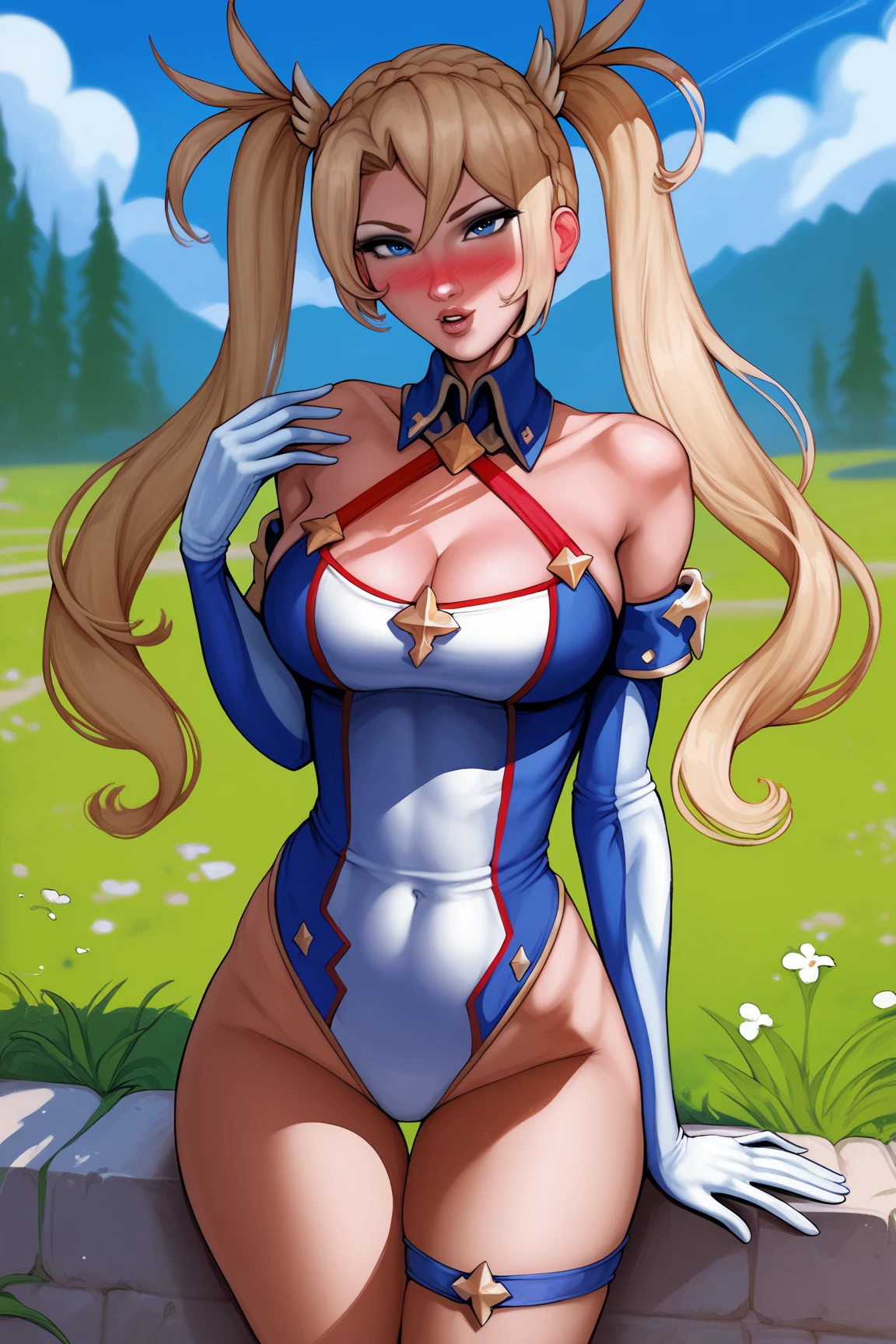 Mount lady, 1girl, Sozinho, olhando para o espectador, , cabelo loiro, sombra, profundidade de campo, seios grandes, seios gordos, , Melhor qualidade:1.3), (, ((rosto detalhado)),((Sorriso)), ((curvy body)), (seios grandes), sensual