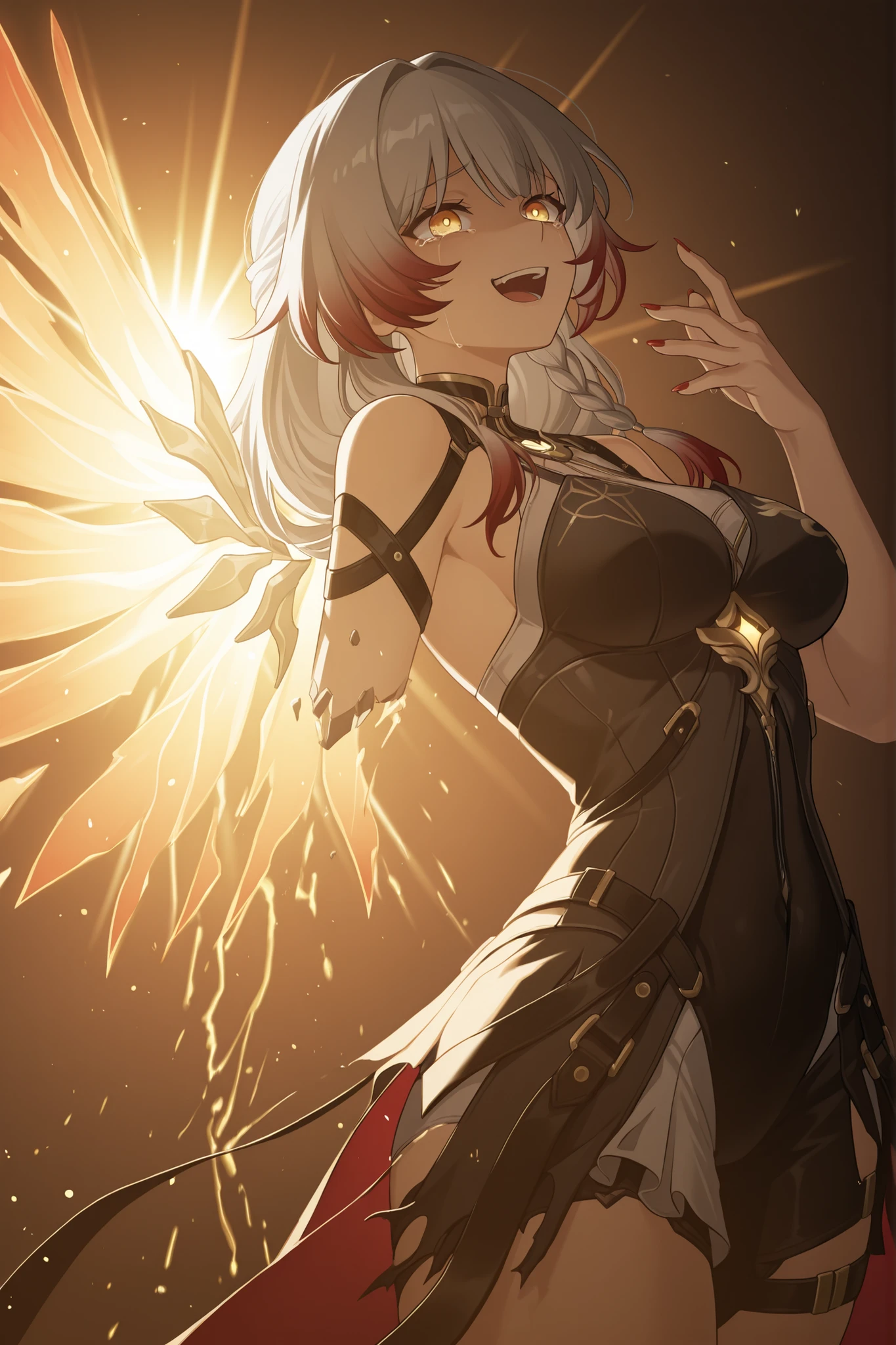 strrlcphr, cipher \(honkai star rail\),,phrolova \(wuthering waves\), Wings, glowing wings,(face focus, cowboy shot:1.22), dynamic pose, three quarter shot, mature,, (1girl:0.75), solo, , masterpiece, best quality, amazing quality, very aesthetic, high resolution, ultra-detailed, (soft shading, soft shadows, volumetric light:1.14), dramatic lighting, absurdres, gray hair, red hair, golden eyes, red nails, claws, braids, broken dress, laugh, crying, tears, backlighting, sun